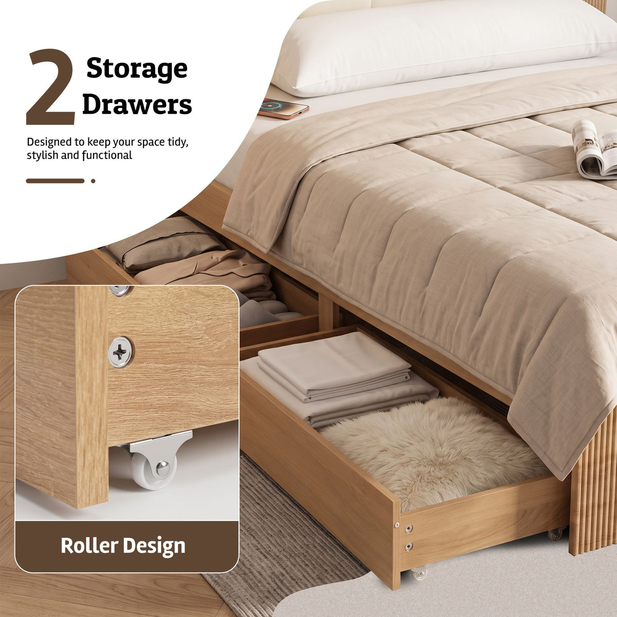 Artiss Queen Bed Frame with 2 Drawers, PU Leather Headboard & Charging Station-Furniture > Bedroom > Beds & Bed Frames-PEROZ Accessories
