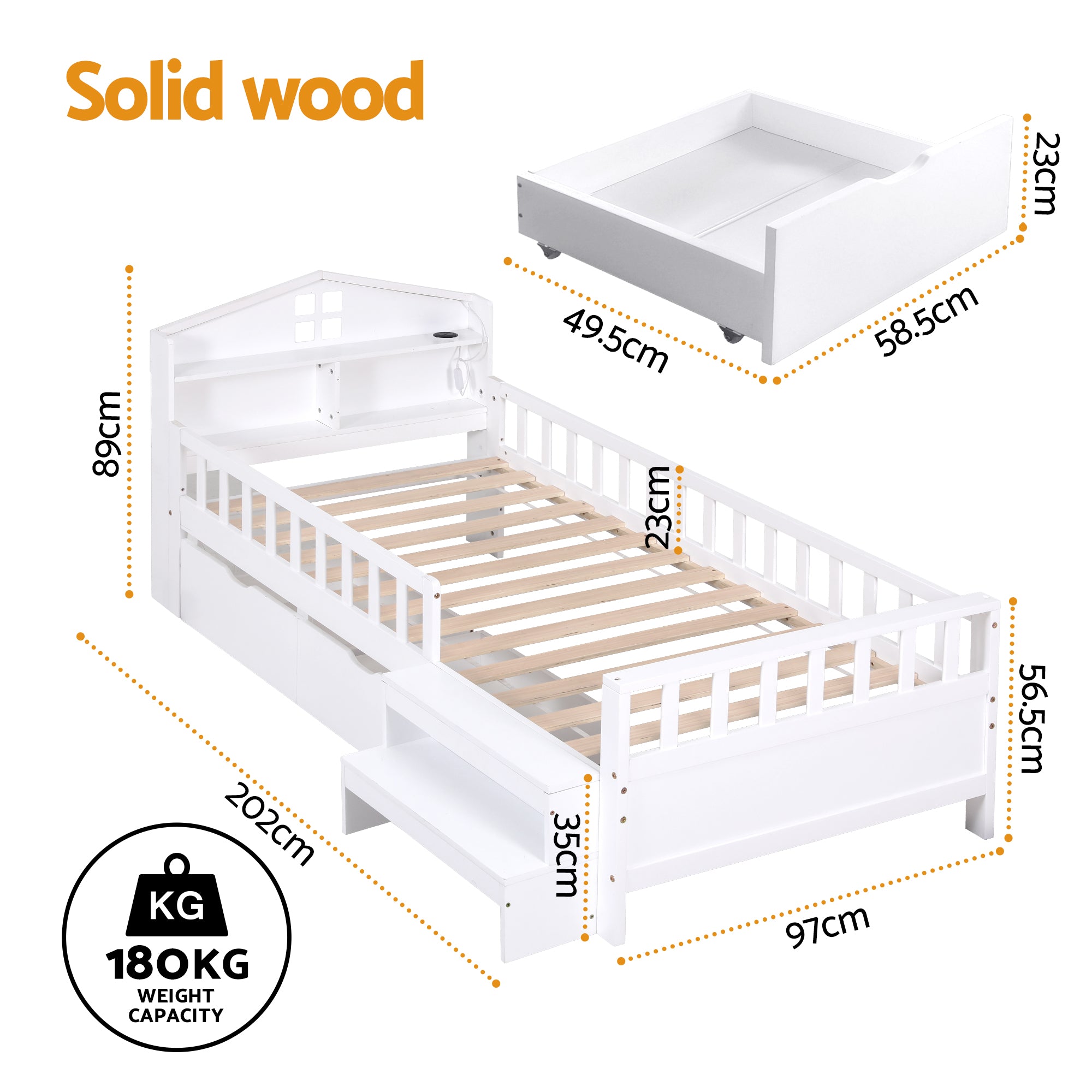 Artiss Single Bed Frame with 2 Storage Drawers, Montessori Bed with Headboard, 2 USB Ports & Led Light, Solid Wood Platform Bed Base with Safety Rail & Ladder, 31CM Under-Bed Storage, White-Furniture > Living Room > TV Units-PEROZ Accessories