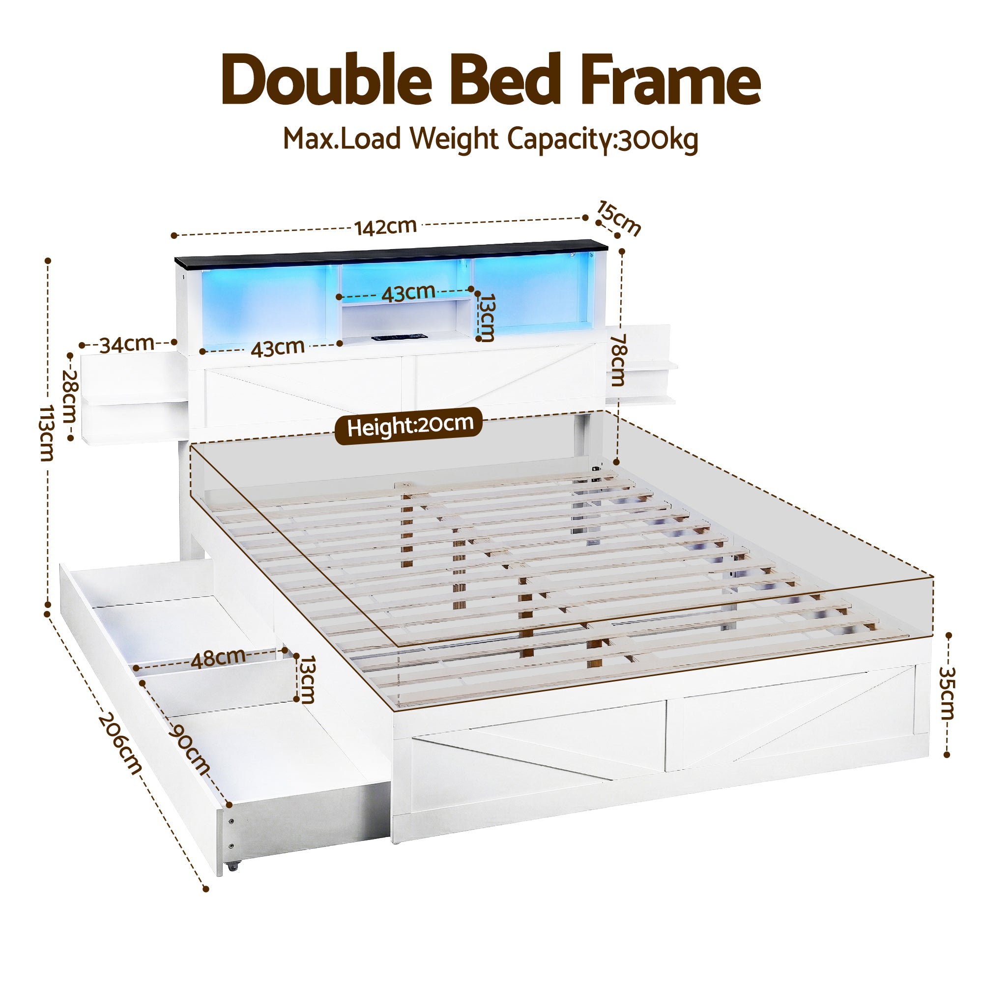 Artiss Double Bed Frame with Storage Drawers White Platform Bedframe with Bookcase Headboard Charging Station Led Light-Furniture > Bedroom > Beds & Bed Frames-PEROZ Accessories
