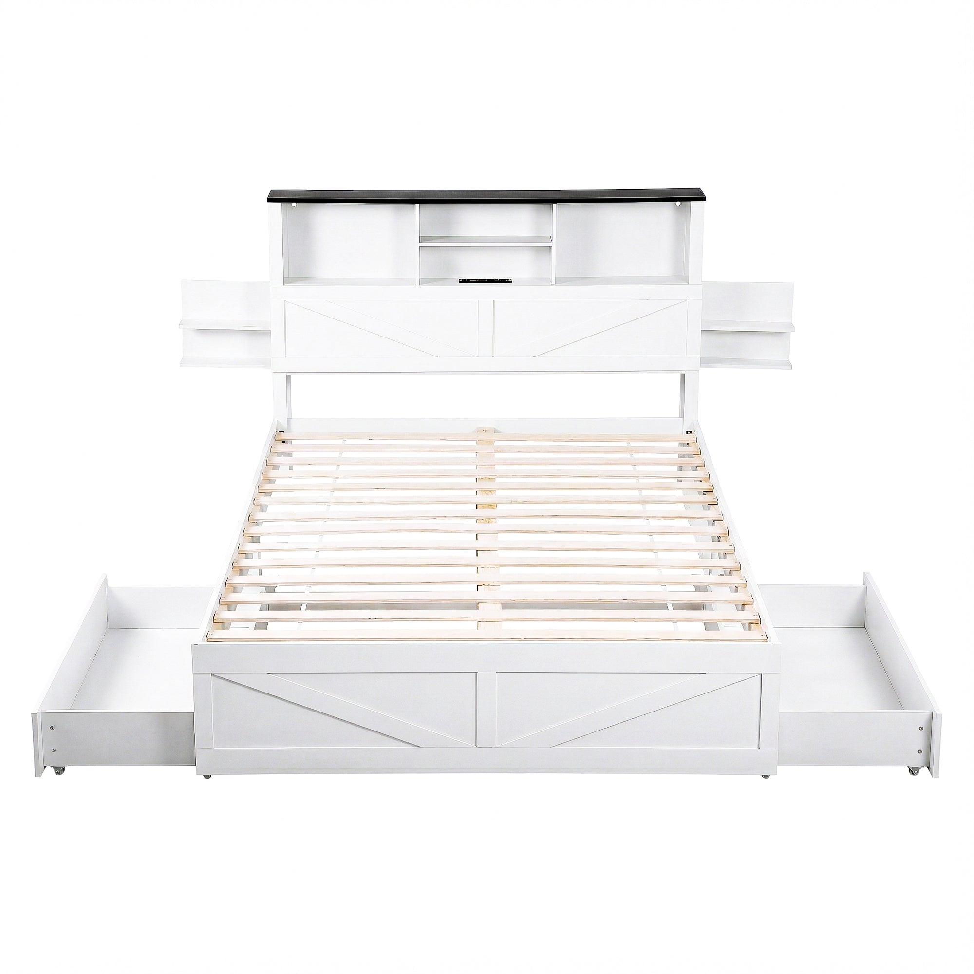 Artiss Double Bed Frame with Storage Drawers White Platform Bedframe with Bookcase Headboard Charging Station Led Light-Furniture > Bedroom > Beds & Bed Frames-PEROZ Accessories