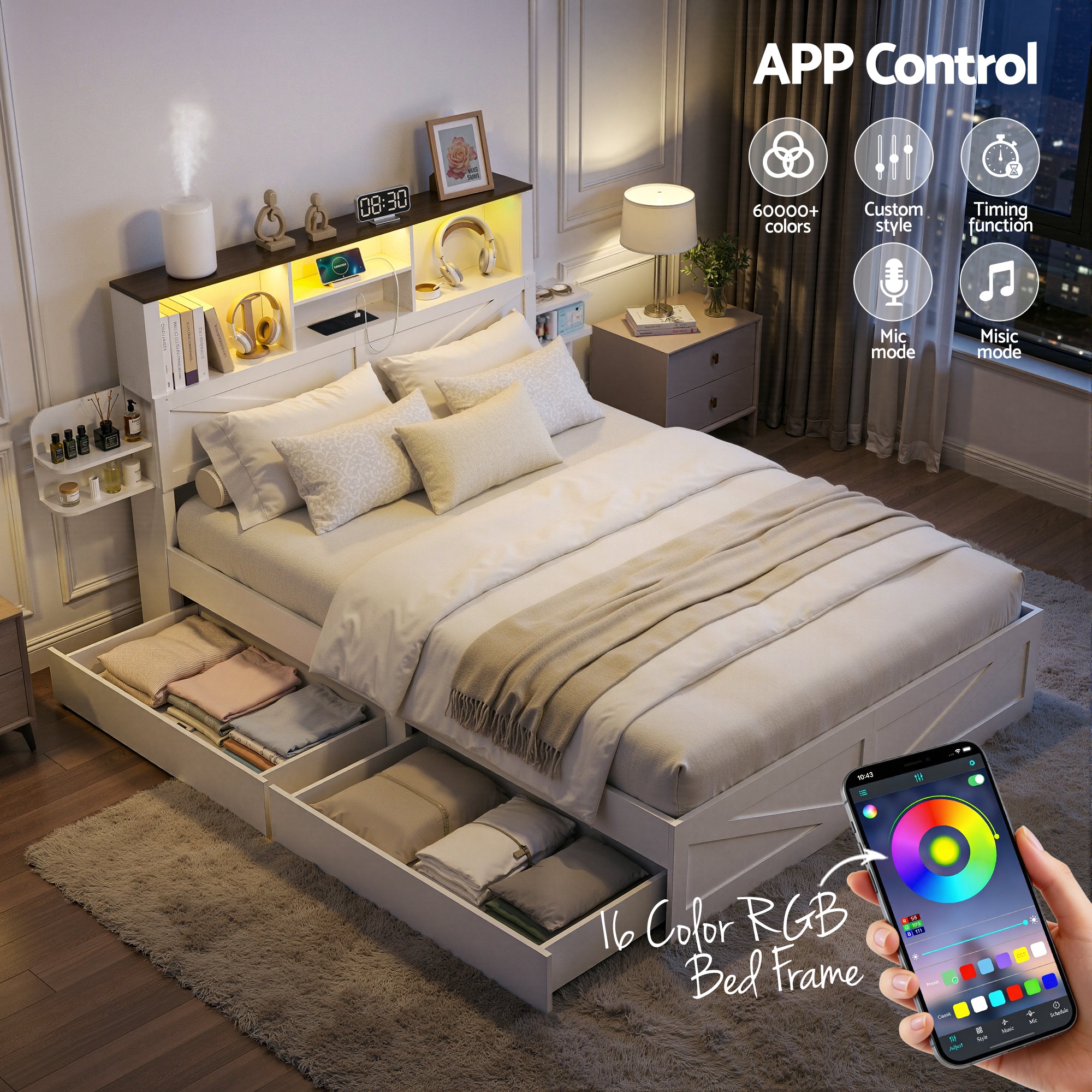 Artiss Queen Bed Frame with Storage Drawers White Platform Bedframe with Bookcase Headboard Charging Station Led Light-Furniture > Bedroom > Beds & Bed Frames-PEROZ Accessories