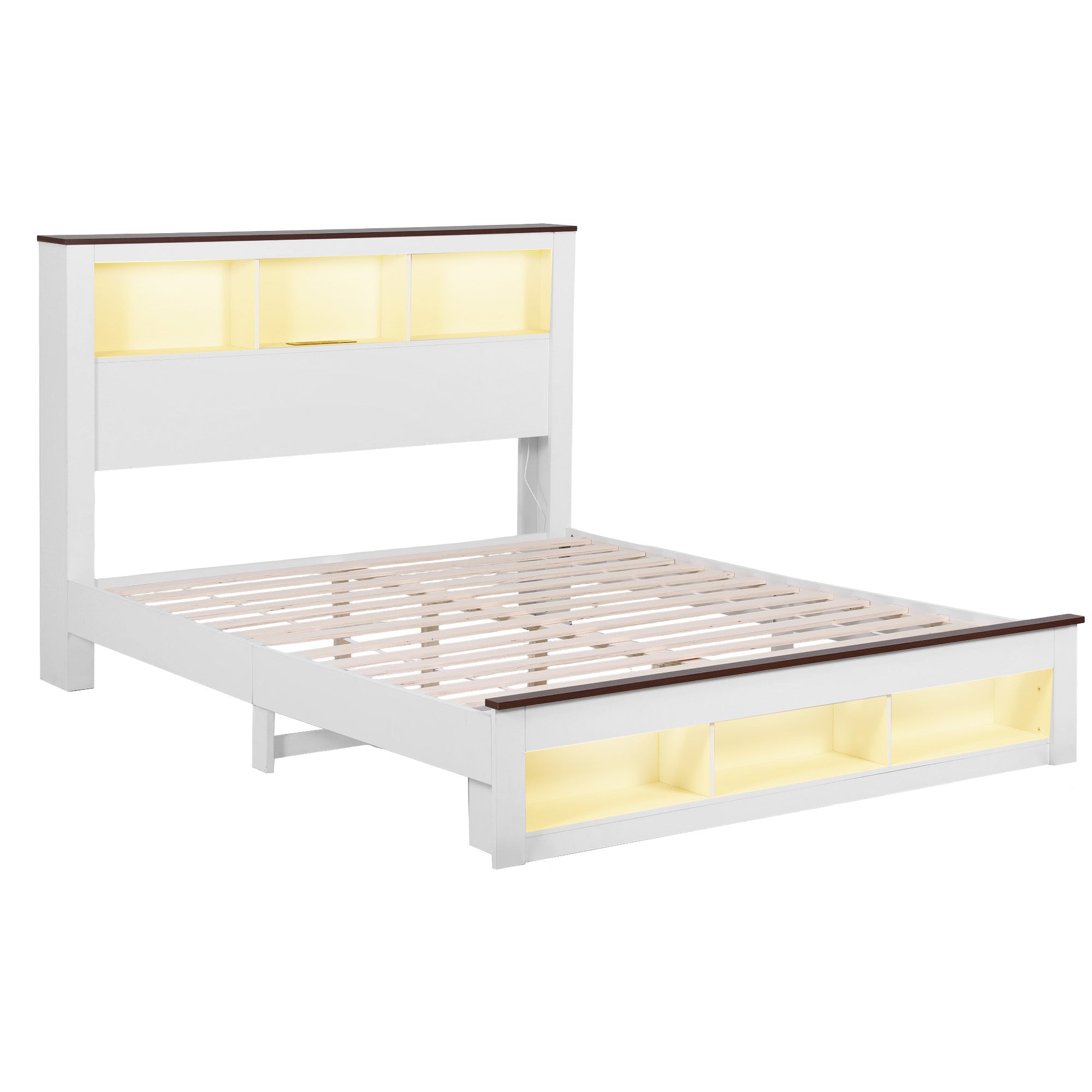Artiss Double Bed Frame with Storage Bookcase Headboard and Footboard White Wooden Platform Bed with Charging Station and Led Light Bedroom Furniture-Furniture > Living Room > TV Units-PEROZ Accessories