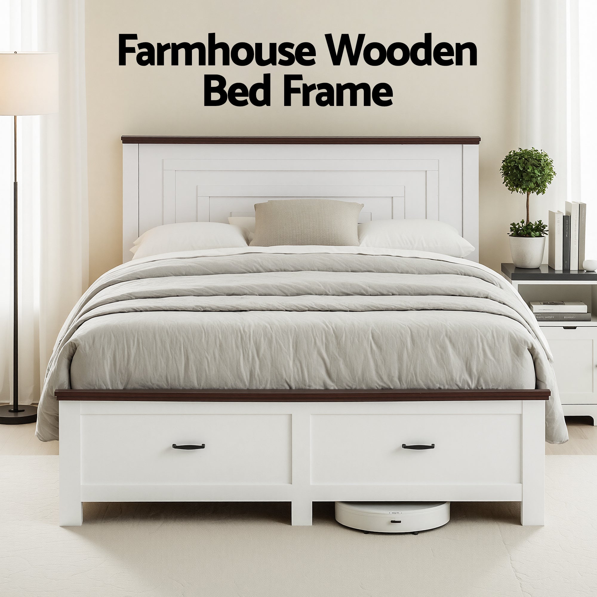 Artiss Double Wooden Bed Frame with 2 Drawer Platform Bed with 108cm Solid High Headboard White Bed Base for Bedroom Easy Assembly-Furniture > Bedroom > Beds & Bed Frames-PEROZ Accessories