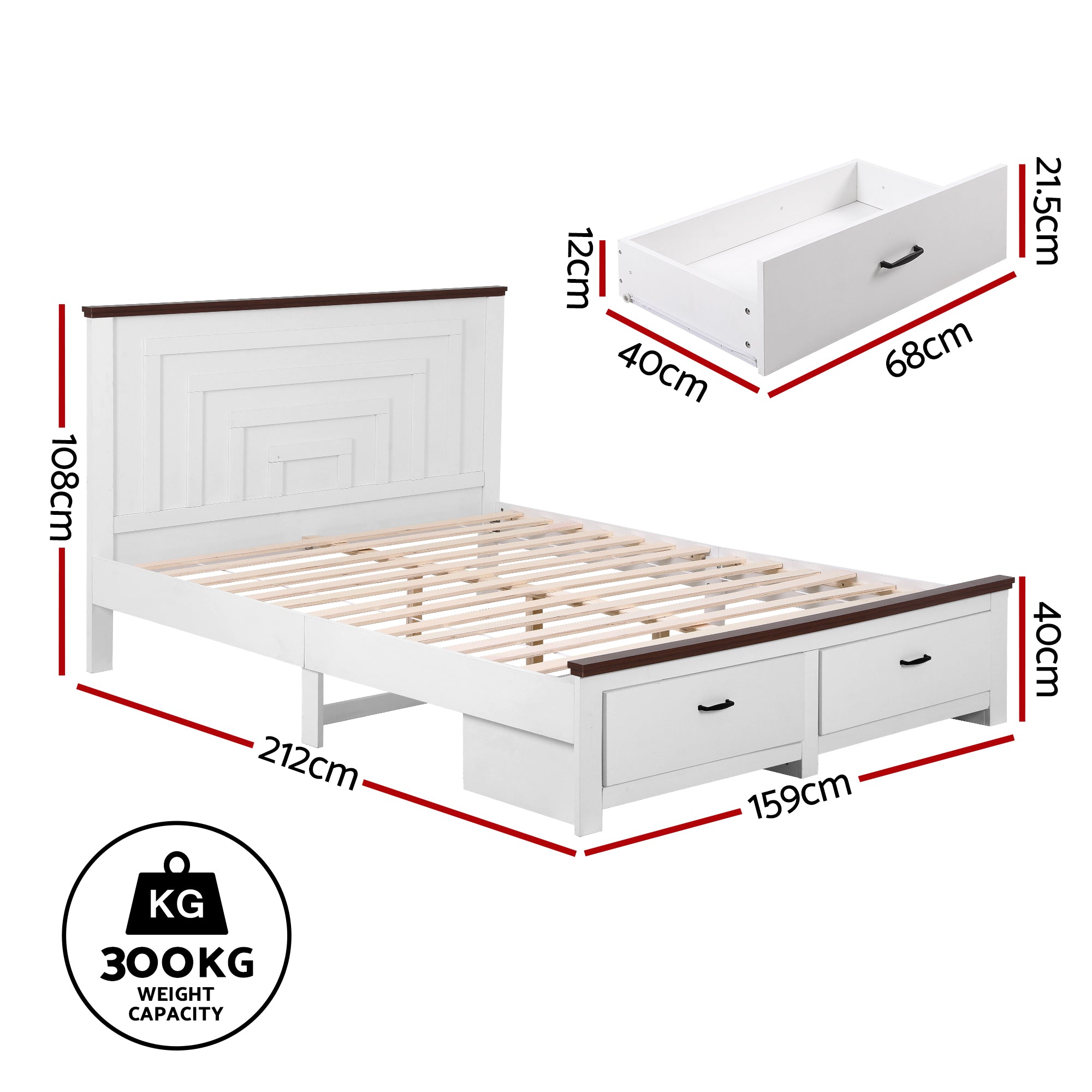 Artiss Queen Wooden Bed Frame with 2 Drawer Platform Bed with 108cm Solid High Headboard White Bed Base for Bedroom Easy Assembly-Furniture > Bedroom > Beds & Bed Frames-PEROZ Accessories