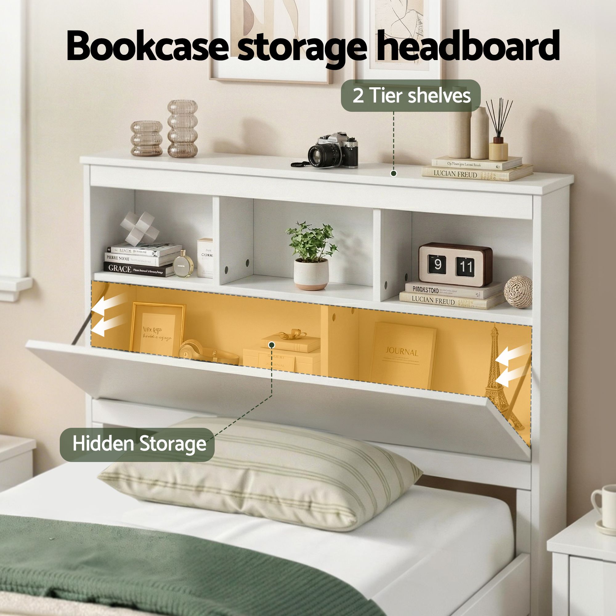 Artiss Single Bed Frame with Storage Headboard and Footboard Wooden Bed Base White-Furniture > Bedroom > Beds & Bed Frames-PEROZ Accessories