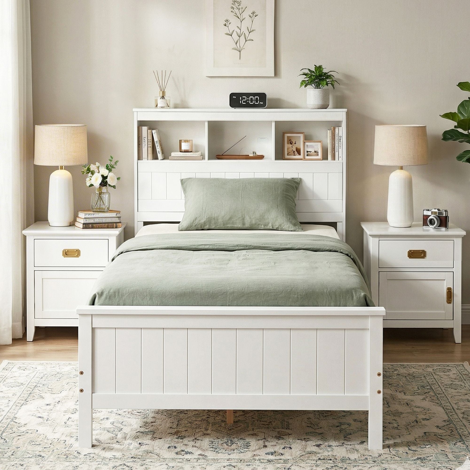 Artiss Single Bed Frame with Storage Headboard and Footboard Wooden Bed Base White-Furniture > Bedroom > Beds & Bed Frames-PEROZ Accessories