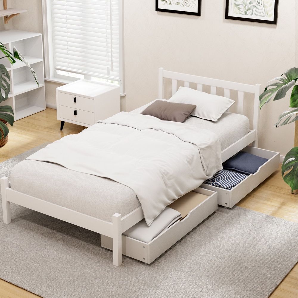 Artiss Bed Frame Single Size Wooden Platform with 2 Storage Drawers White SOFIE-Furniture > Bedroom > Beds & Bed Frames-PEROZ Accessories