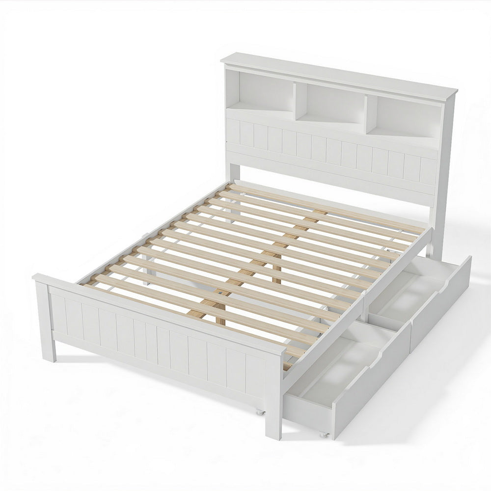 Artiss Bed Frame Double Size Wooden with 3 Shelves Bed Head White-Furniture > Bedroom > Beds & Bed Frames-PEROZ Accessories