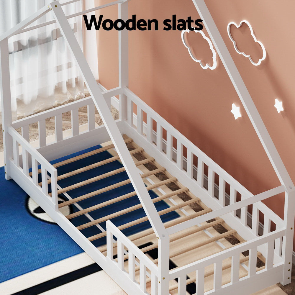 Artiss Bed Frame Wooden Kids House Single Frame White PAVO-Furniture > Bedroom-PEROZ Accessories