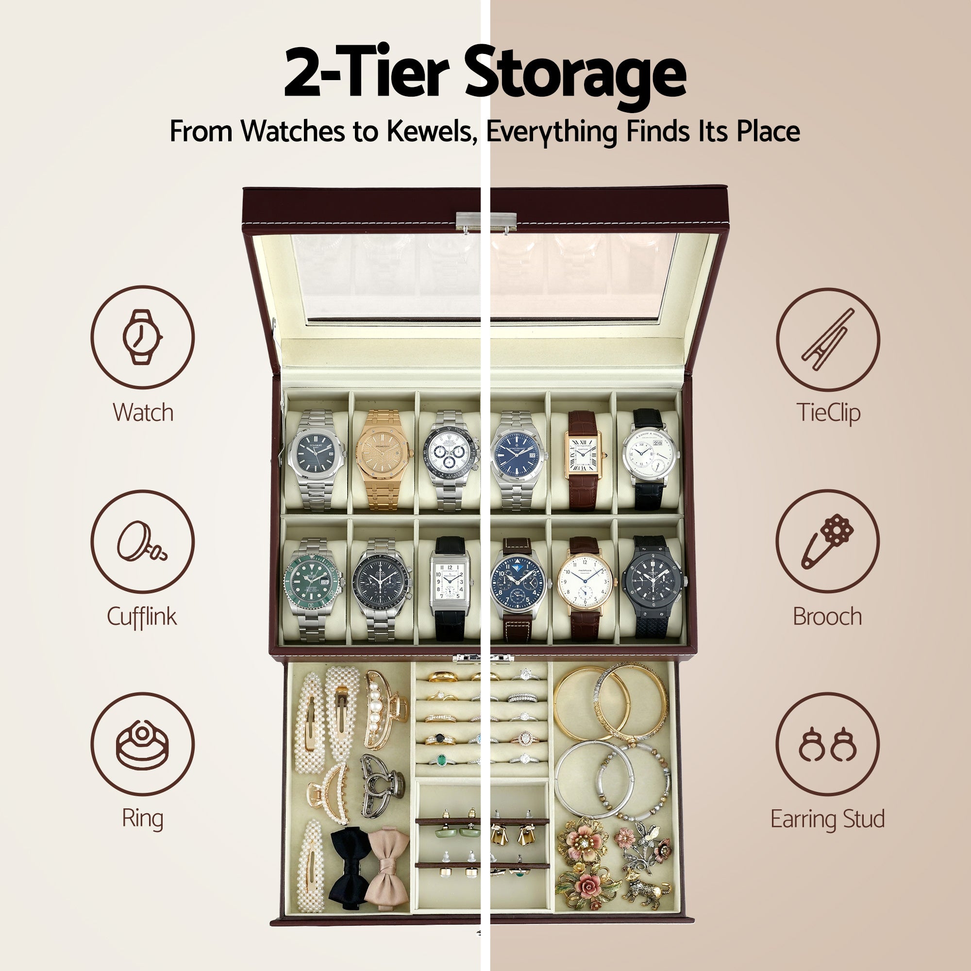 Embellir 12 Grids Watch Box Organizer Case Jewelry Display Storage Showcase-Fashion > Men&