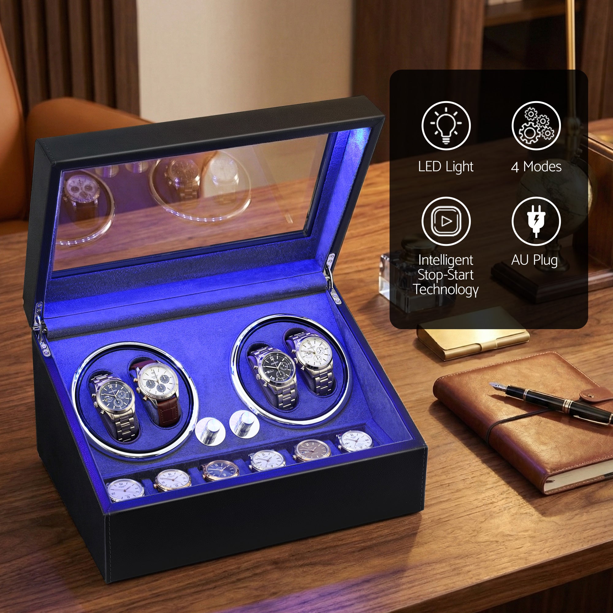 Embellir Watch Winder Automatic Double Watch Winder Box LED Black-Fashion > Men&