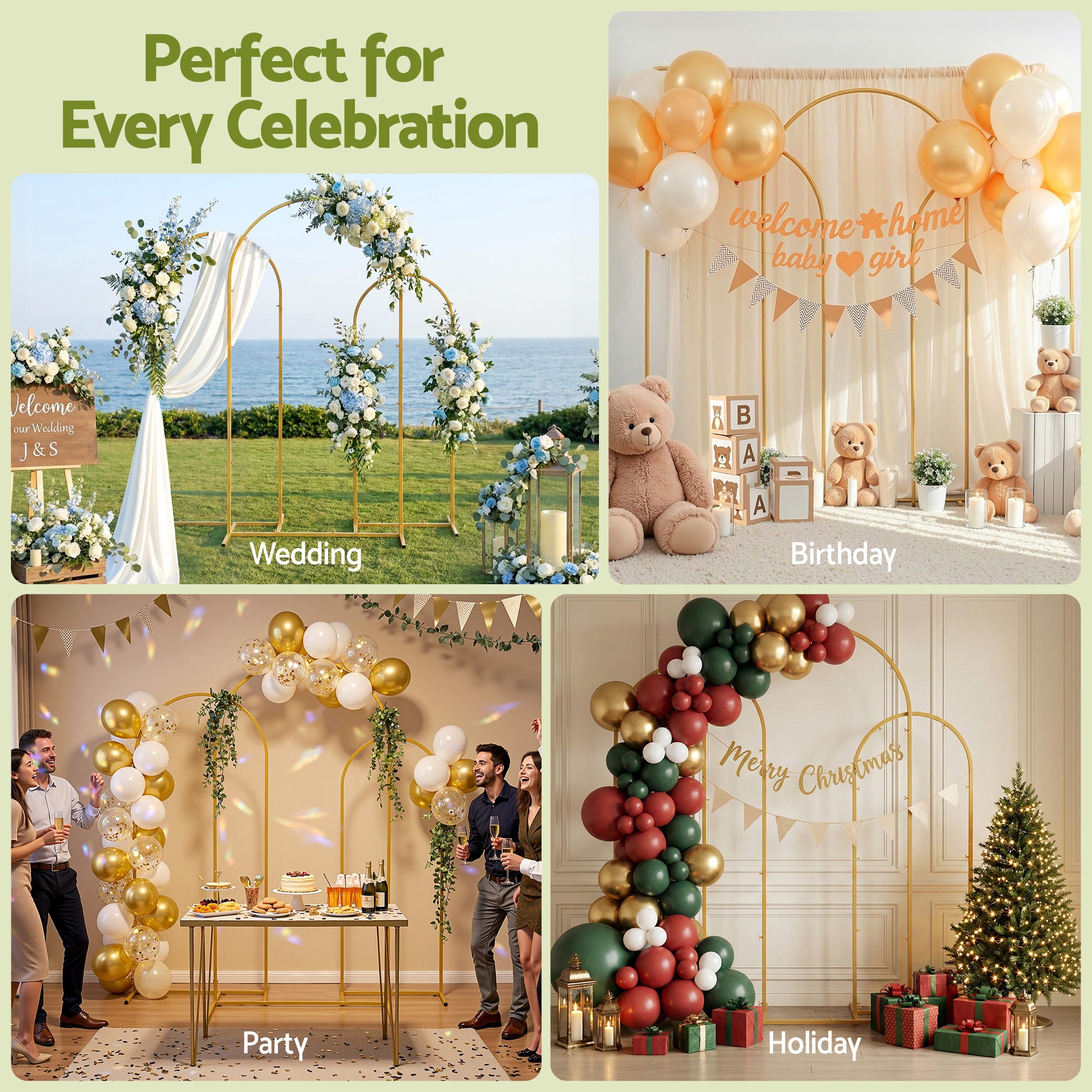 Wedding Arch Backdrop Stand Set of 3 Gold Metal Wedding Arched Frame, Easy to Assemble, Stable Balloon Arch Standfor Wedding, Baby Shower, Party Decoration-Occasions > Wedding Accessories > Other Wedding Decorations-PEROZ Accessories