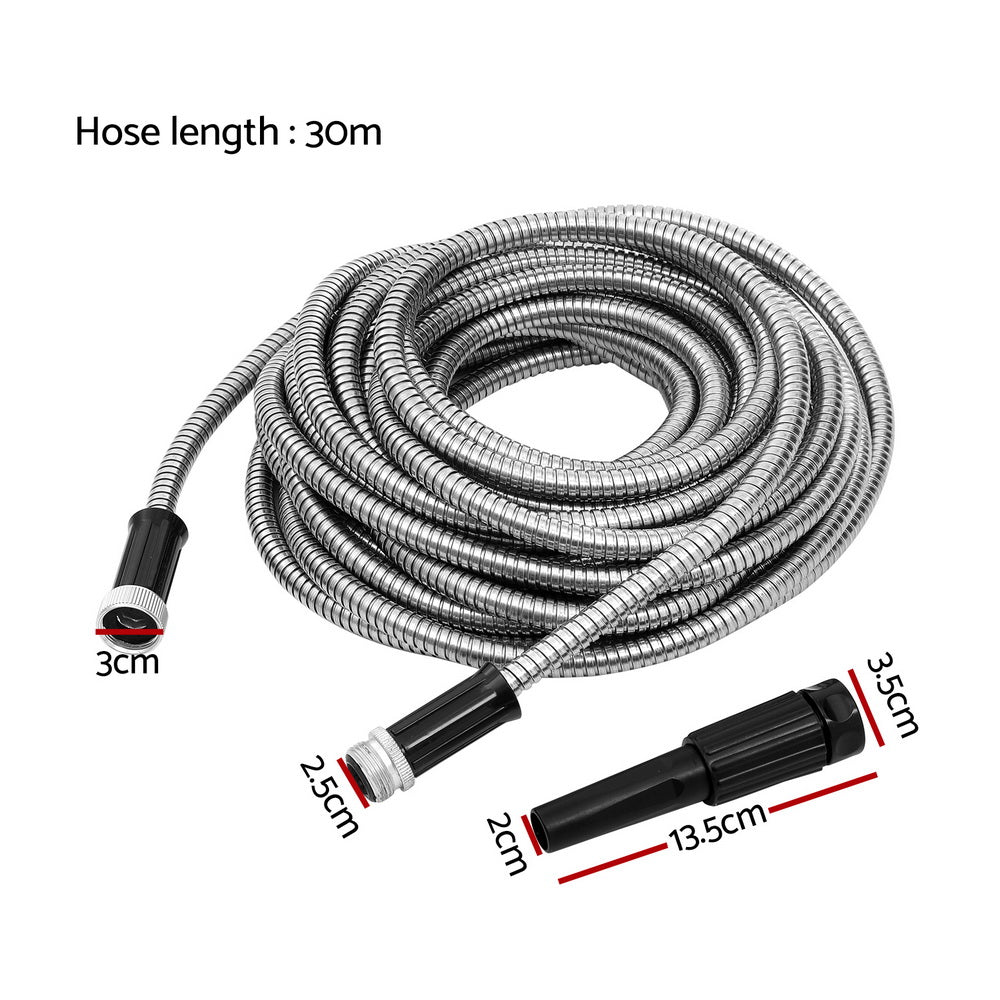Giantz Water Hose Stainless Steel 30M with Spray Nozzle-Home & Garden > Garden Tools > Garden Hoses-PEROZ Accessories
