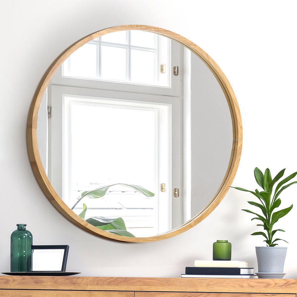Oikiture Wall Mirror with Wood Frame 70cm Round-Wall Mirror-PEROZ Accessories
