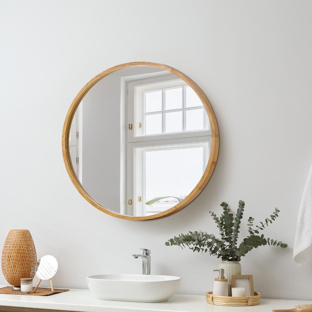 Oikiture Wall Mounted Mirror with Wood Frame 50cm Round Mirror for Living Room Bathroom Home Furniture-Wall Mirrors-PEROZ Accessories