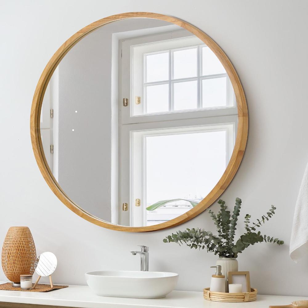 Oikiture Wall Mounted Mirror with Wood Frame 90cm Round Mirror for Living Room Bathroom Home Furniture-Wall Mirrors-PEROZ Accessories