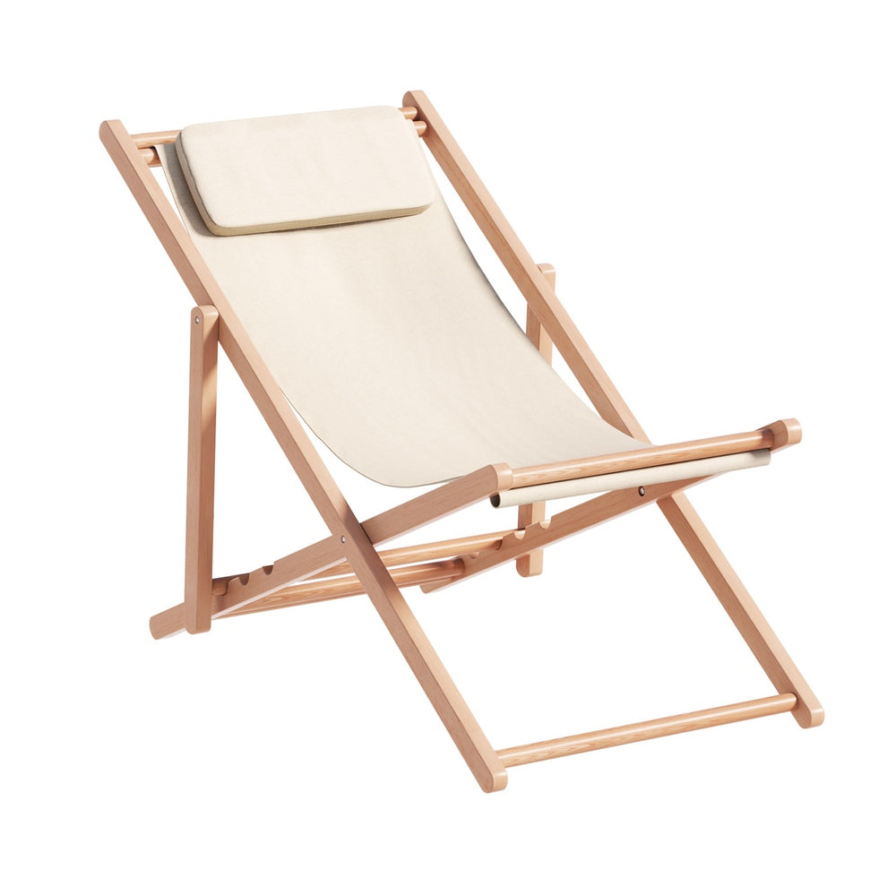 Gardeon Outdoor Deck Chair Wooden Sun Lounge Folding Beach Patio Furniture Beige-Sun Lounges-PEROZ Accessories