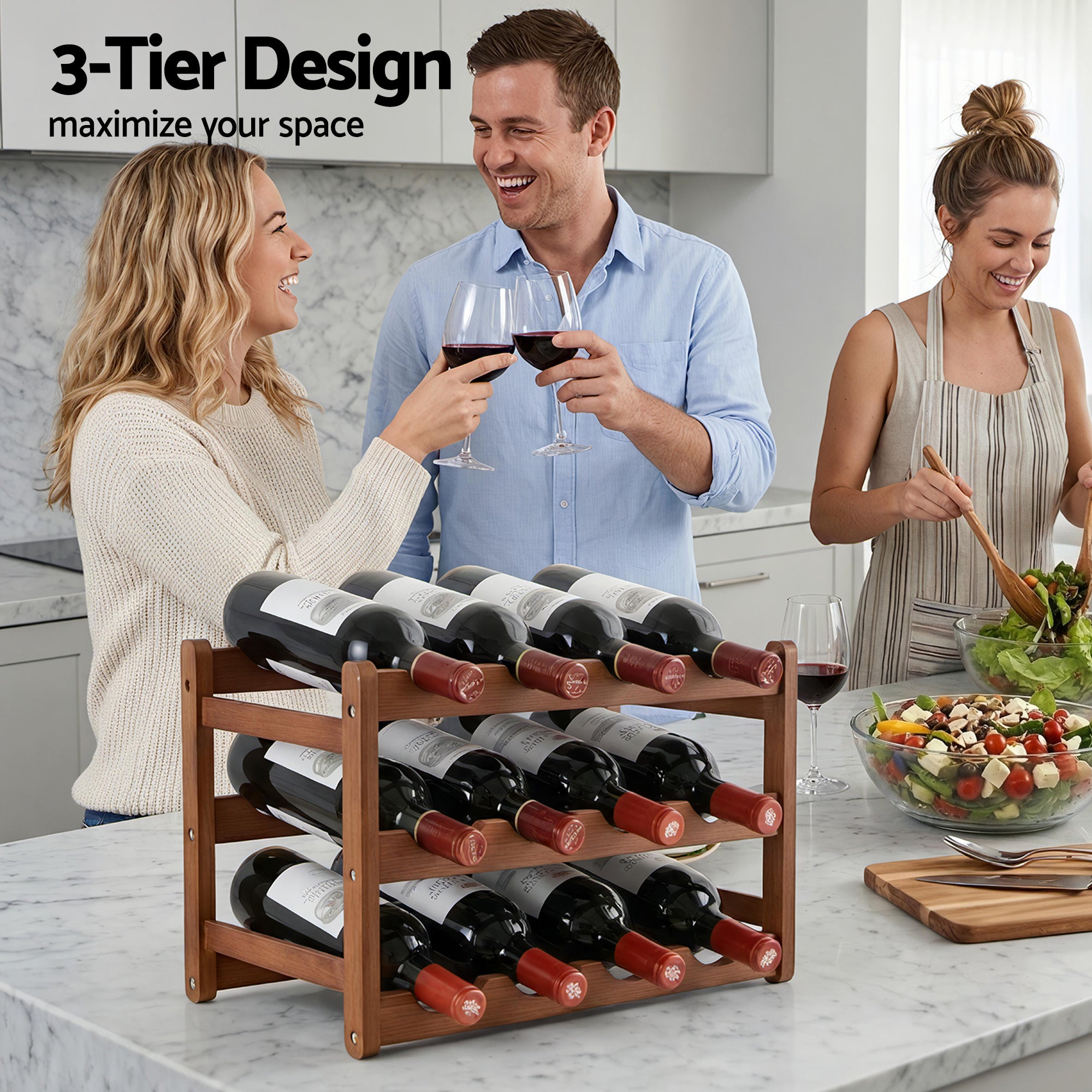 Artiss Bamboo Wine Rack 3-Tier Display Storage Organizer 12 Bottle Walnut-Furniture > Dining > Wine Racks-PEROZ Accessories