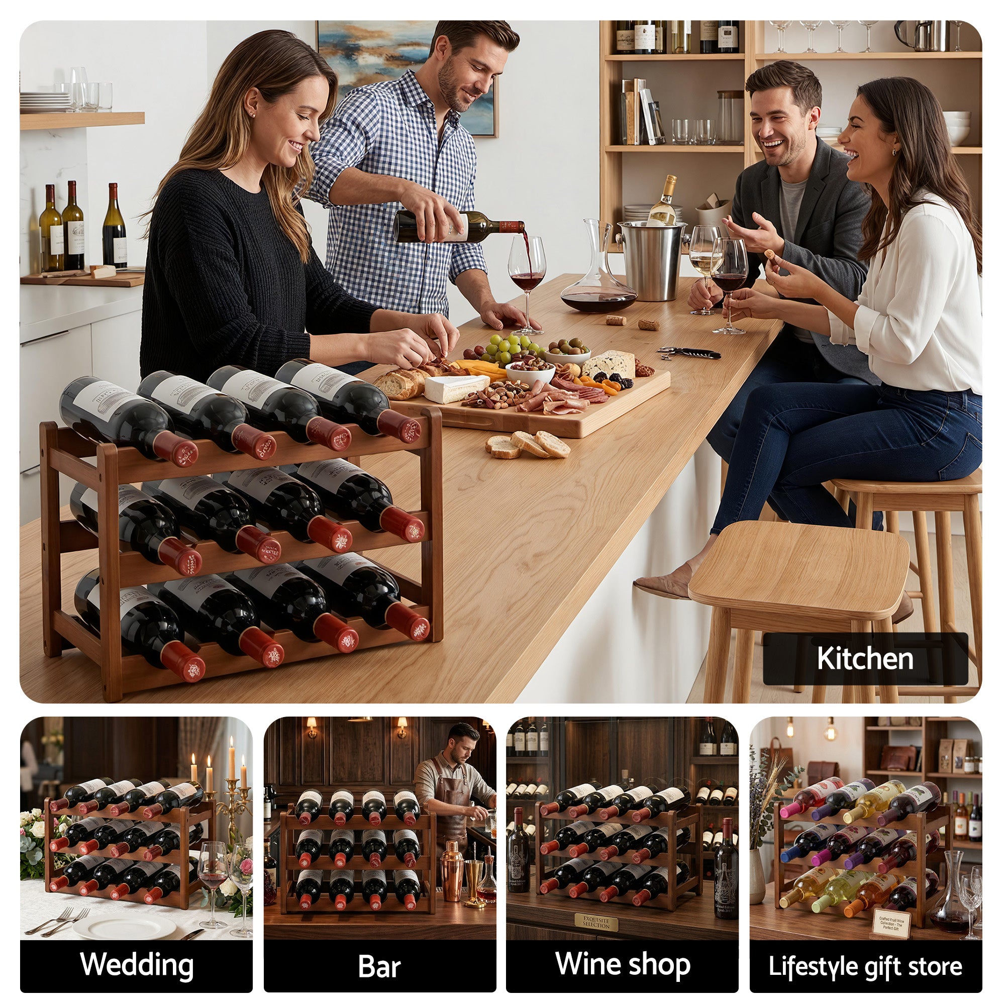 Artiss Bamboo Wine Rack 3-Tier Display Storage Organizer 12 Bottle Walnut-Furniture > Dining > Wine Racks-PEROZ Accessories