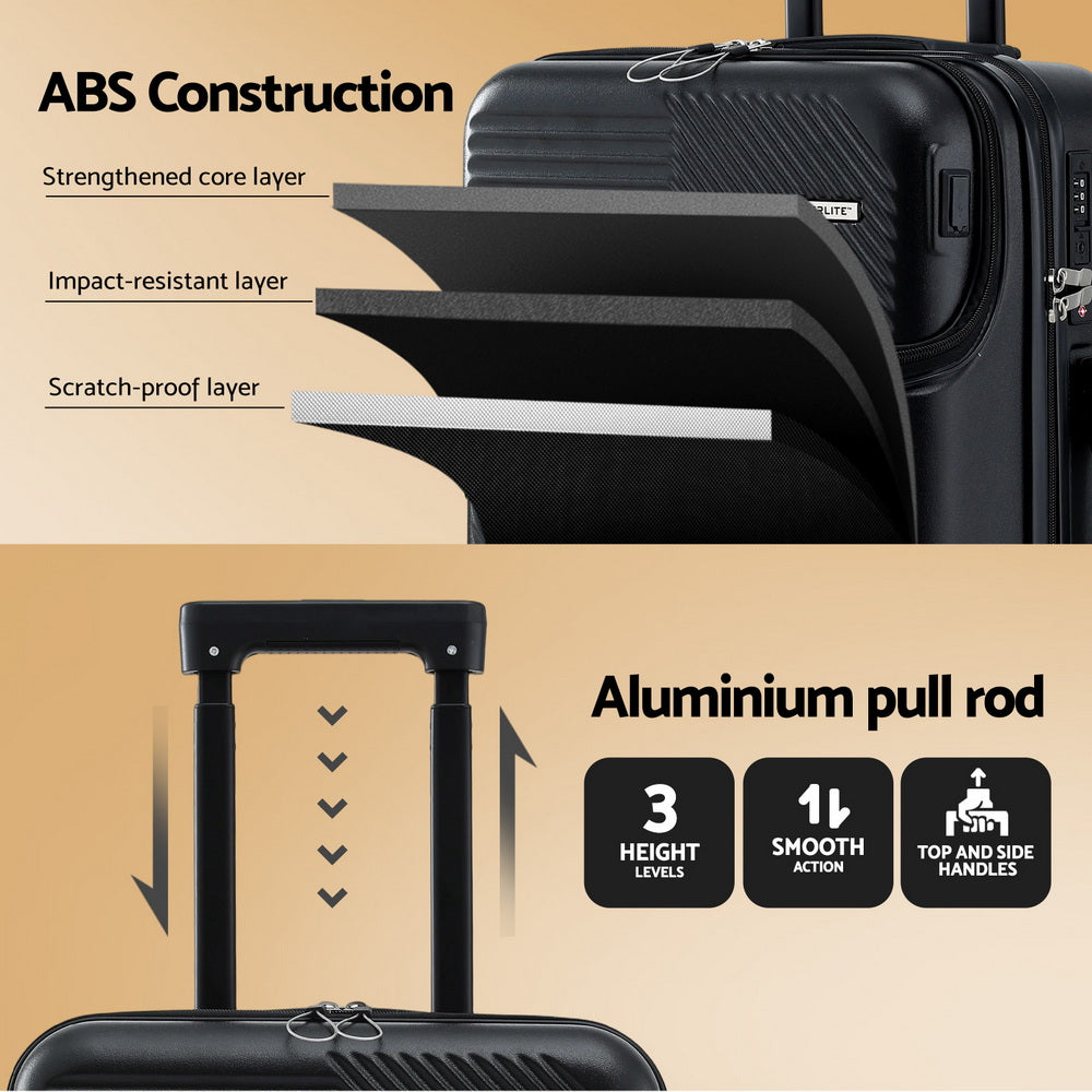 Wanderlite 20" Luggage Suitcase Front Pocket Travel Carry On TSA Black-Home & Garden > Travel > Suitcases-PEROZ Accessories