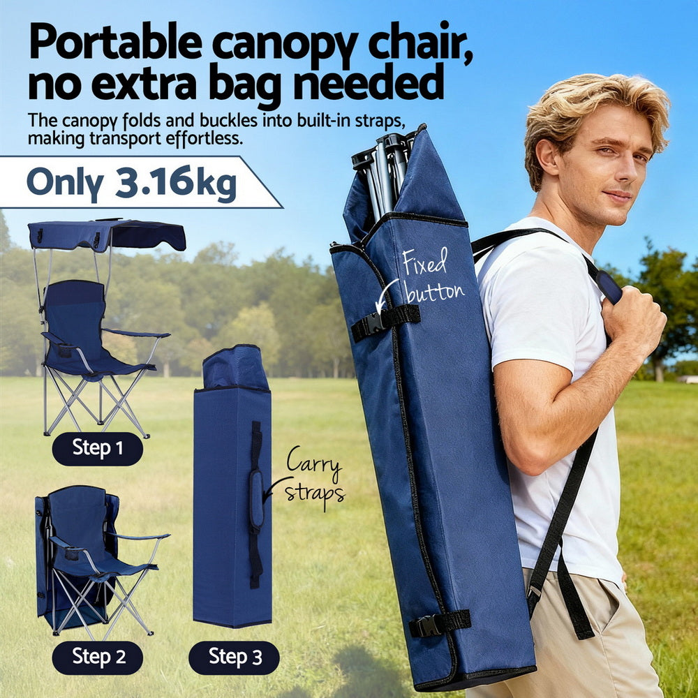 Weisshorn Camping Chair With Canopy Folding Outdoor Portable Seat Lightweight Beach Picnic Fishing Capacity 120KG Navy Blue-Furniture > Outdoor > Outdoor Chairs-PEROZ Accessories