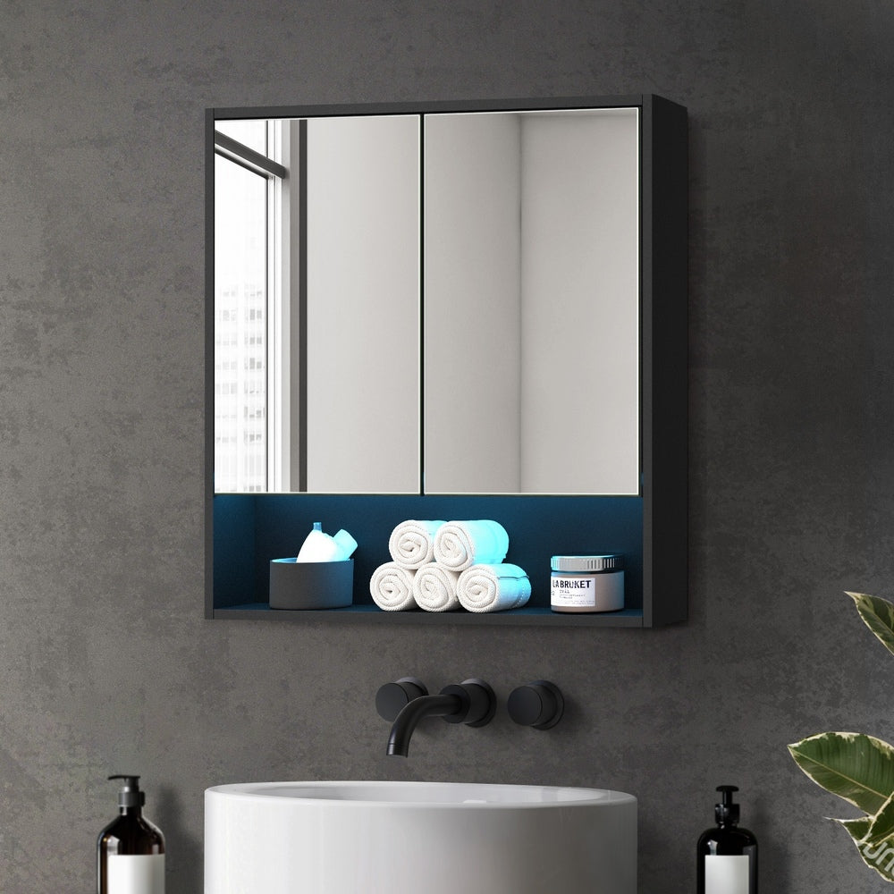 Welba Bathroom Mirror Cabinet LED Wall Storage 750x750mm Black-Bathroom Cabinet-PEROZ Accessories