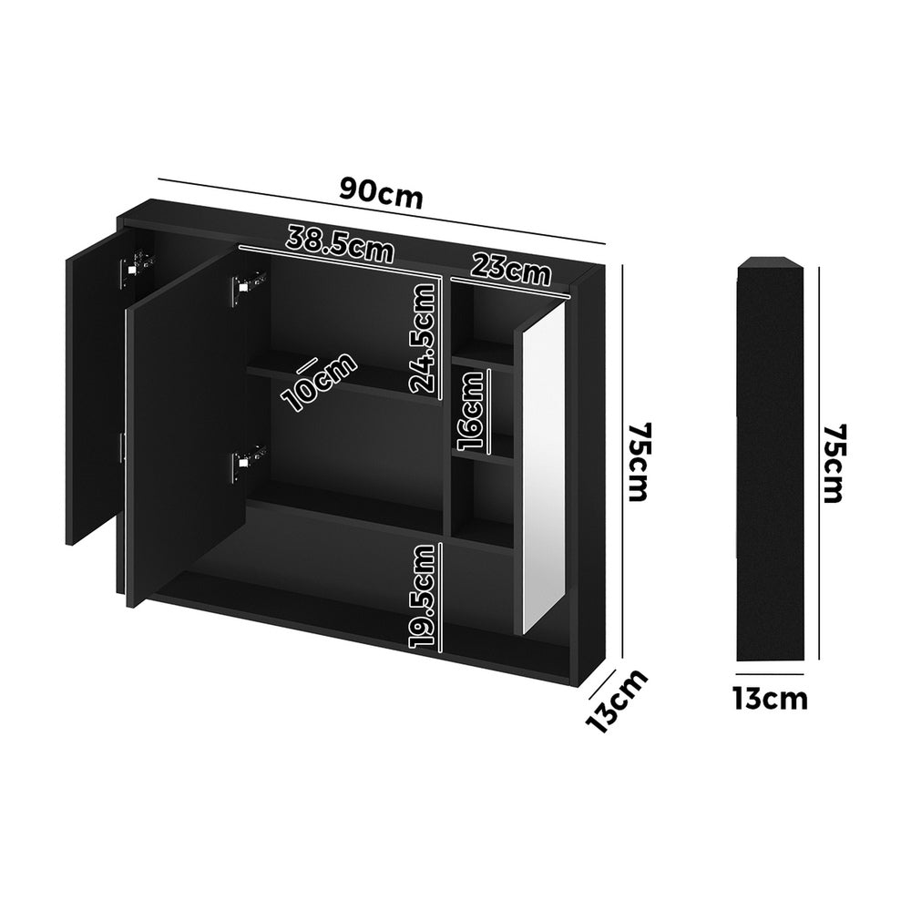 Welba Bathroom Mirror Cabinet LED Wall Storage 900x750mm Black-Bathroom Cabinet-PEROZ Accessories