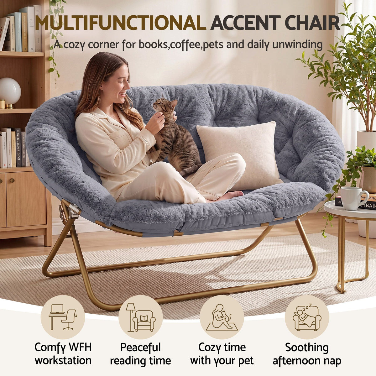 Artiss Double Saucer Chair Soft Faux Fur Lounge Foldable Oversize Chair for Bedroom Grey-Furniture > Bar Stools & Chairs > Arm Chairs & Recliners-PEROZ Accessories