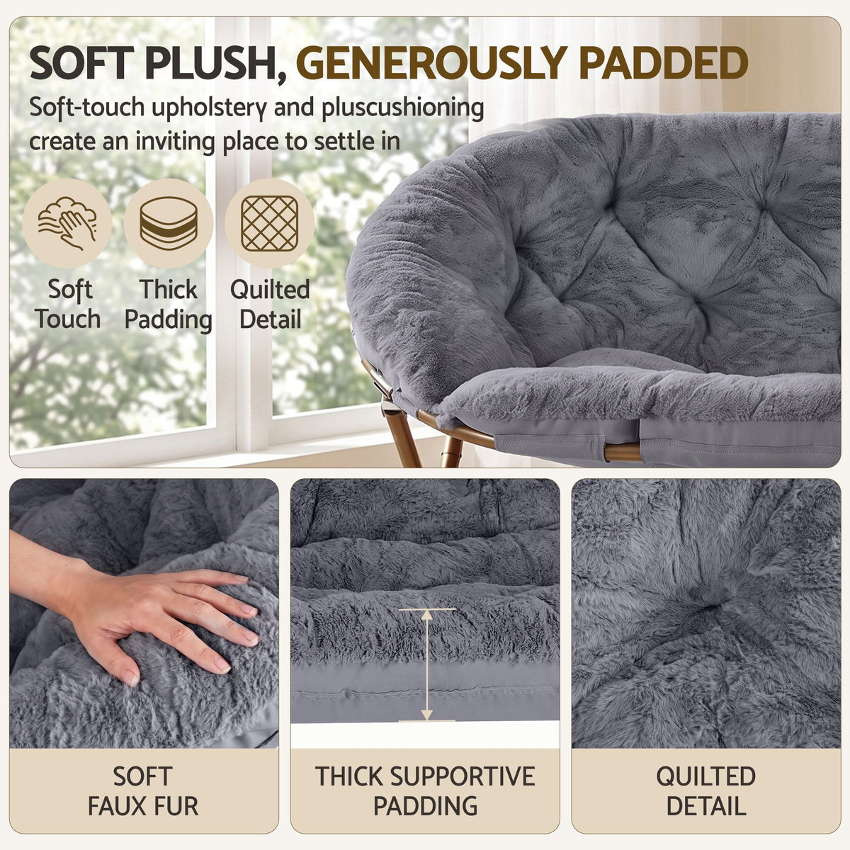 Artiss Double Saucer Chair Soft Faux Fur Lounge Foldable Oversize Chair for Bedroom Grey-Furniture > Bar Stools & Chairs > Arm Chairs & Recliners-PEROZ Accessories