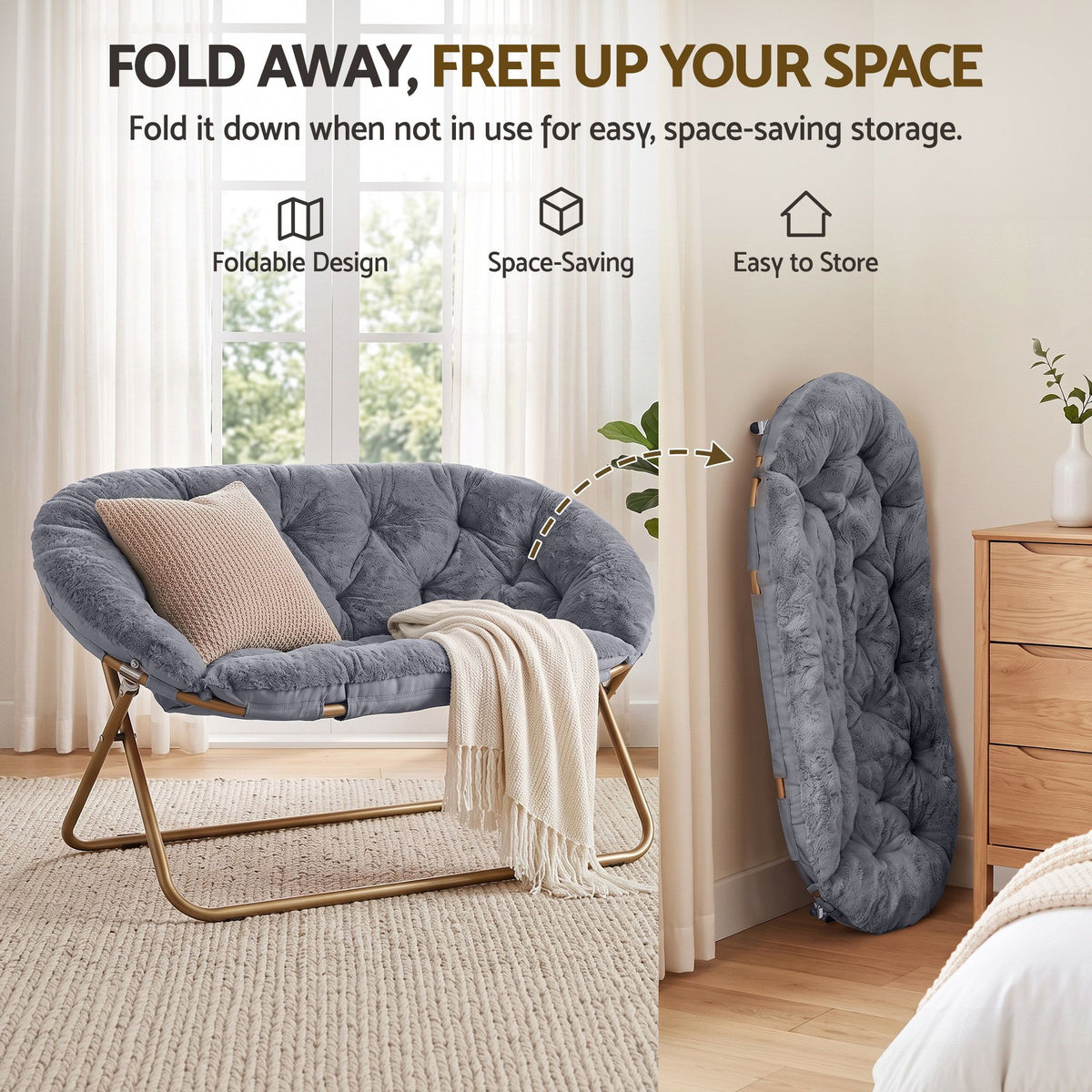 Artiss Double Saucer Chair Soft Faux Fur Lounge Foldable Oversize Chair for Bedroom Grey-Furniture > Bar Stools & Chairs > Arm Chairs & Recliners-PEROZ Accessories