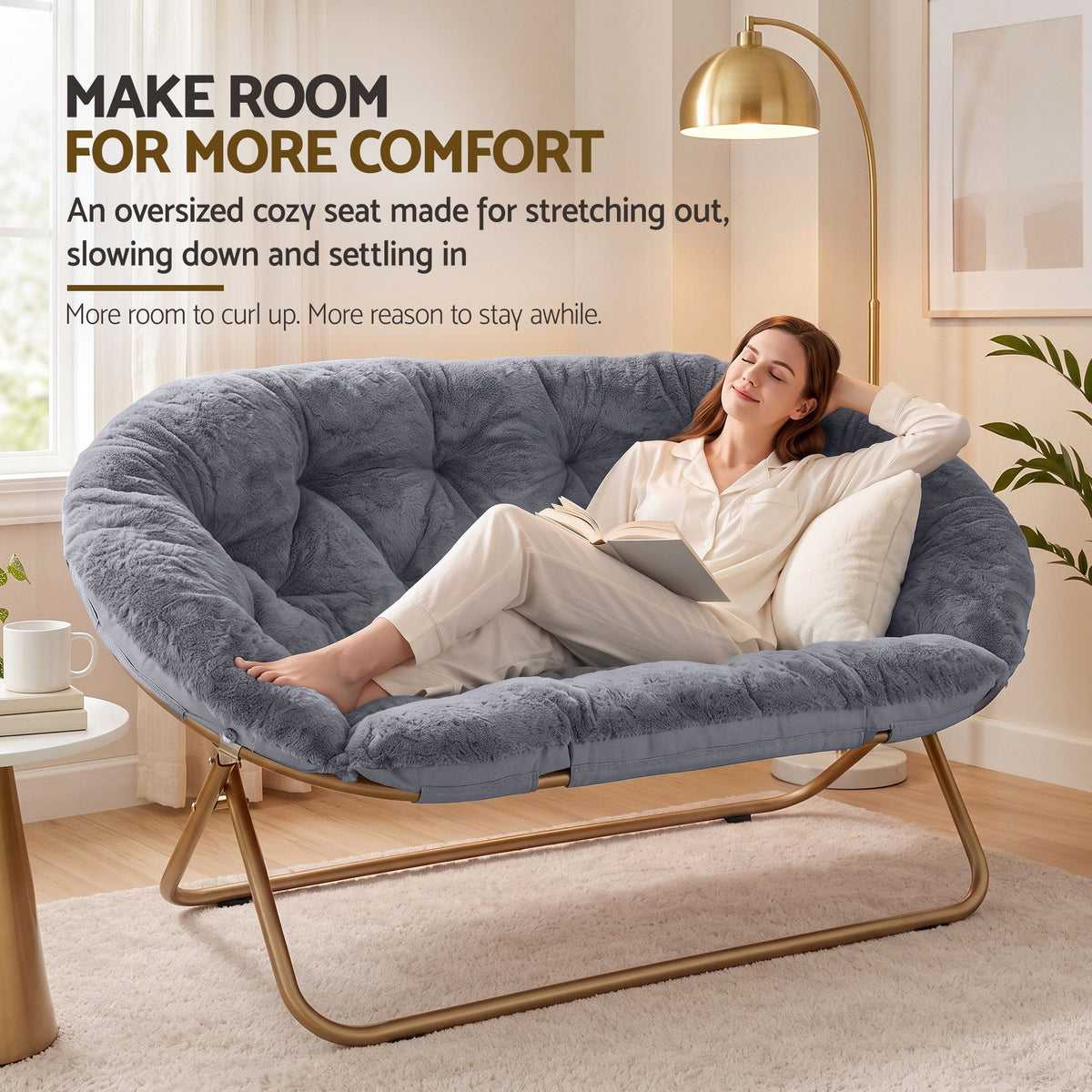 Artiss Double Saucer Chair Soft Faux Fur Lounge Foldable Oversize Chair for Bedroom Grey-Furniture > Bar Stools & Chairs > Arm Chairs & Recliners-PEROZ Accessories