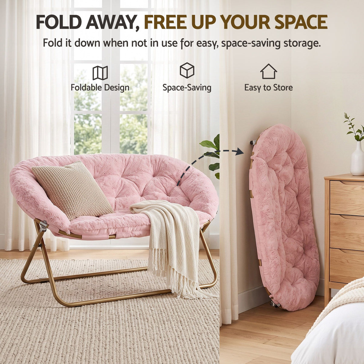 Artiss Double Saucer Chair Soft Faux Fur Lounge Foldable Oversize Chair for Bedroom Pink-Furniture > Bar Stools & Chairs > Arm Chairs & Recliners-PEROZ Accessories