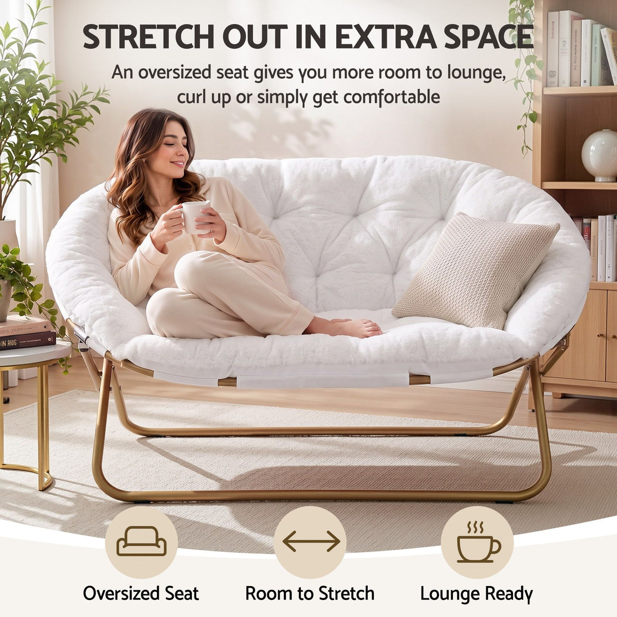 Artiss Double Saucer Chair Soft Faux Fur Lounge Foldable Oversize Chair for Bedroom White-Furniture > Bar Stools & Chairs > Arm Chairs & Recliners-PEROZ Accessories
