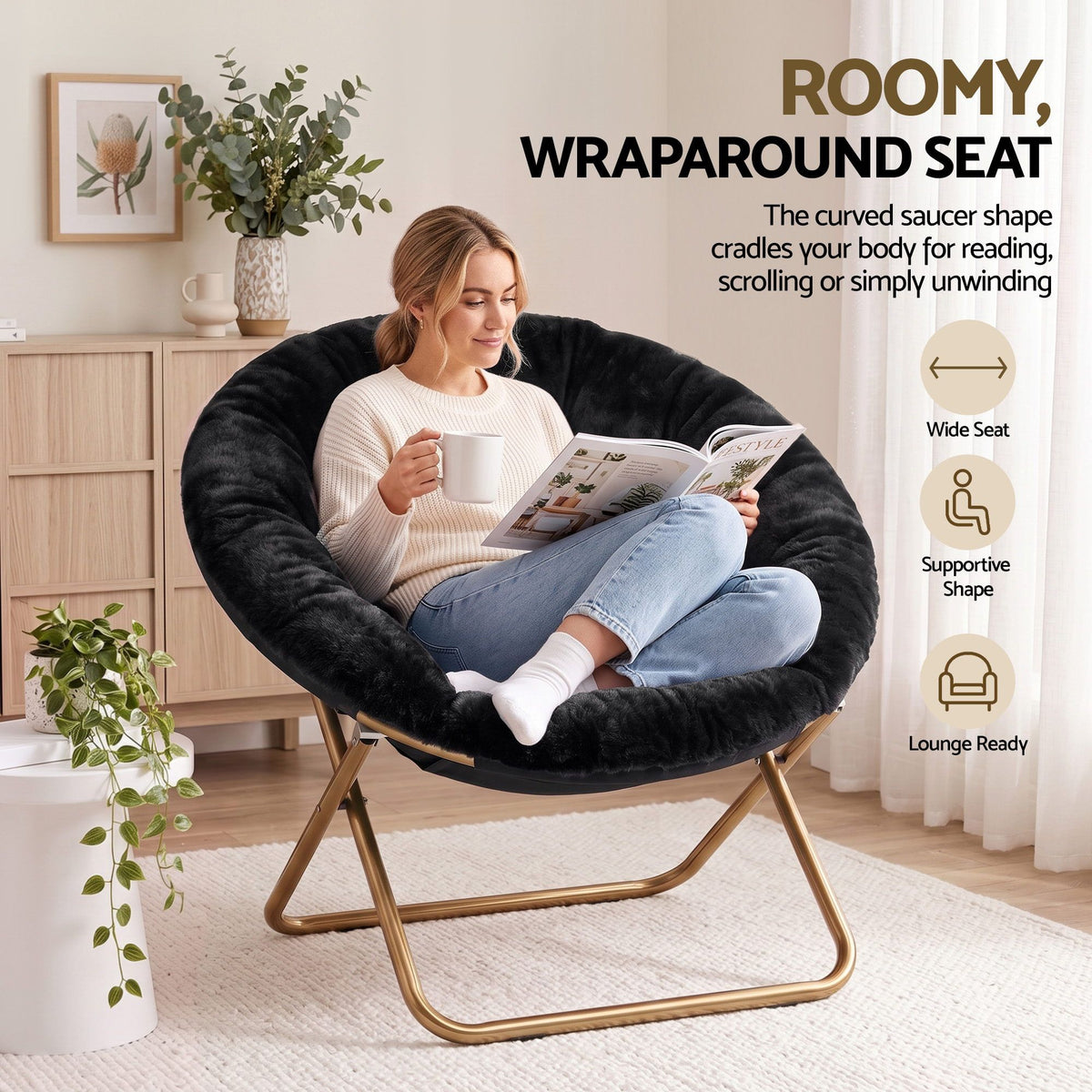 Artiss Cozy Saucer Chair Soft Faux Fur Folding Accent Chair for Bedroom Black-Furniture > Bar Stools & Chairs > Arm Chairs & Recliners-PEROZ Accessories