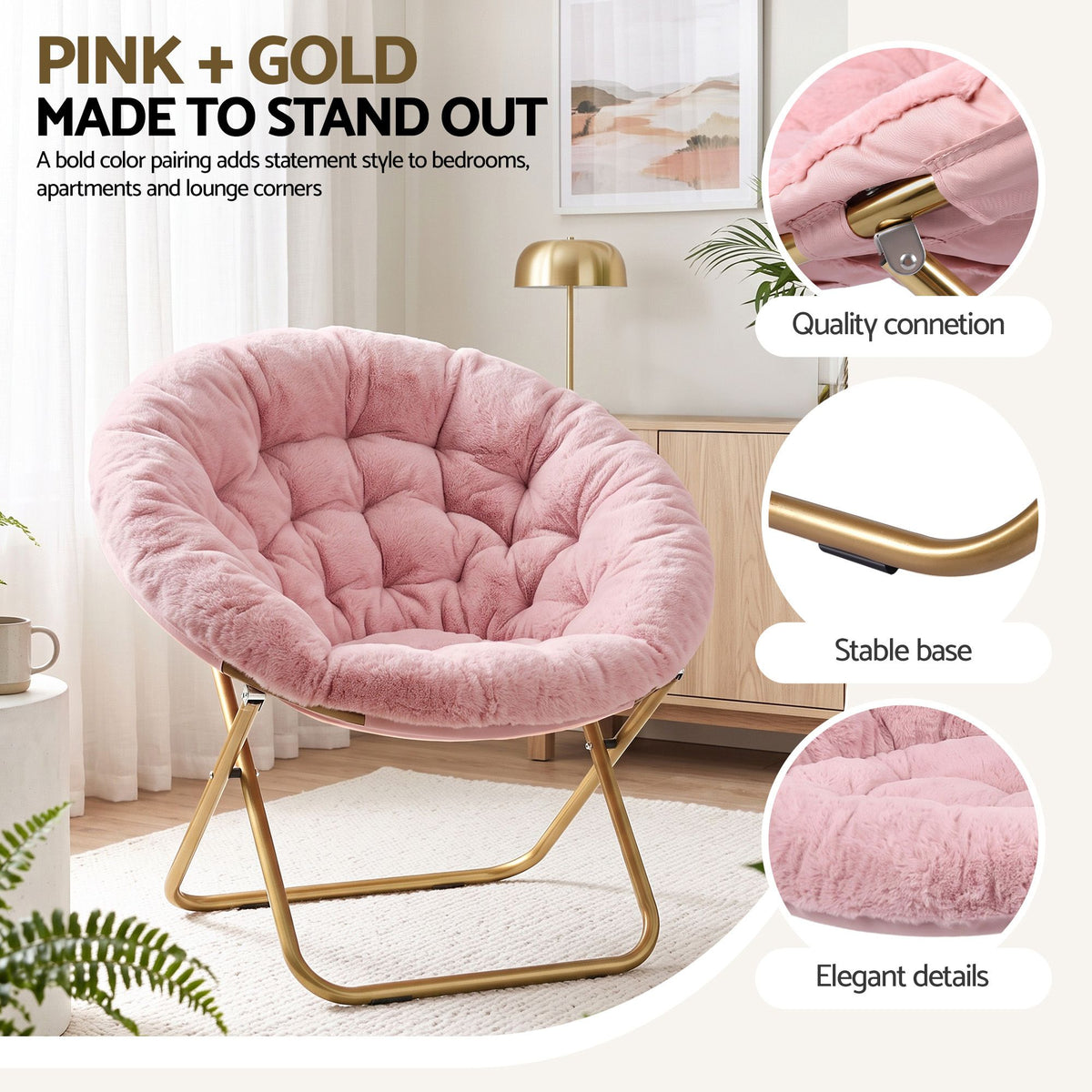 Artiss Cozy Saucer Chair Soft Faux Fur Folding Accent Chair for Bedroom Pink-Furniture > Bar Stools & Chairs > Arm Chairs & Recliners-PEROZ Accessories