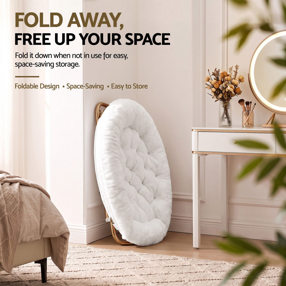 Artiss Cozy Saucer Chair Soft Faux Fur Folding Accent Chair for Bedroom White-Furniture > Bar Stools & Chairs > Arm Chairs & Recliners-PEROZ Accessories