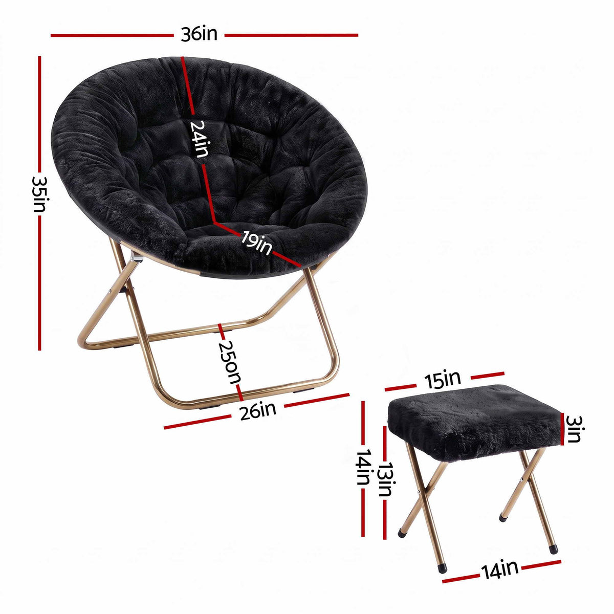 Artiss Comfy Saucer Chair Soft Faux Fur Foldable Accent Chair with Ottoman Black-Furniture > Bar Stools & Chairs > Arm Chairs & Recliners-PEROZ Accessories