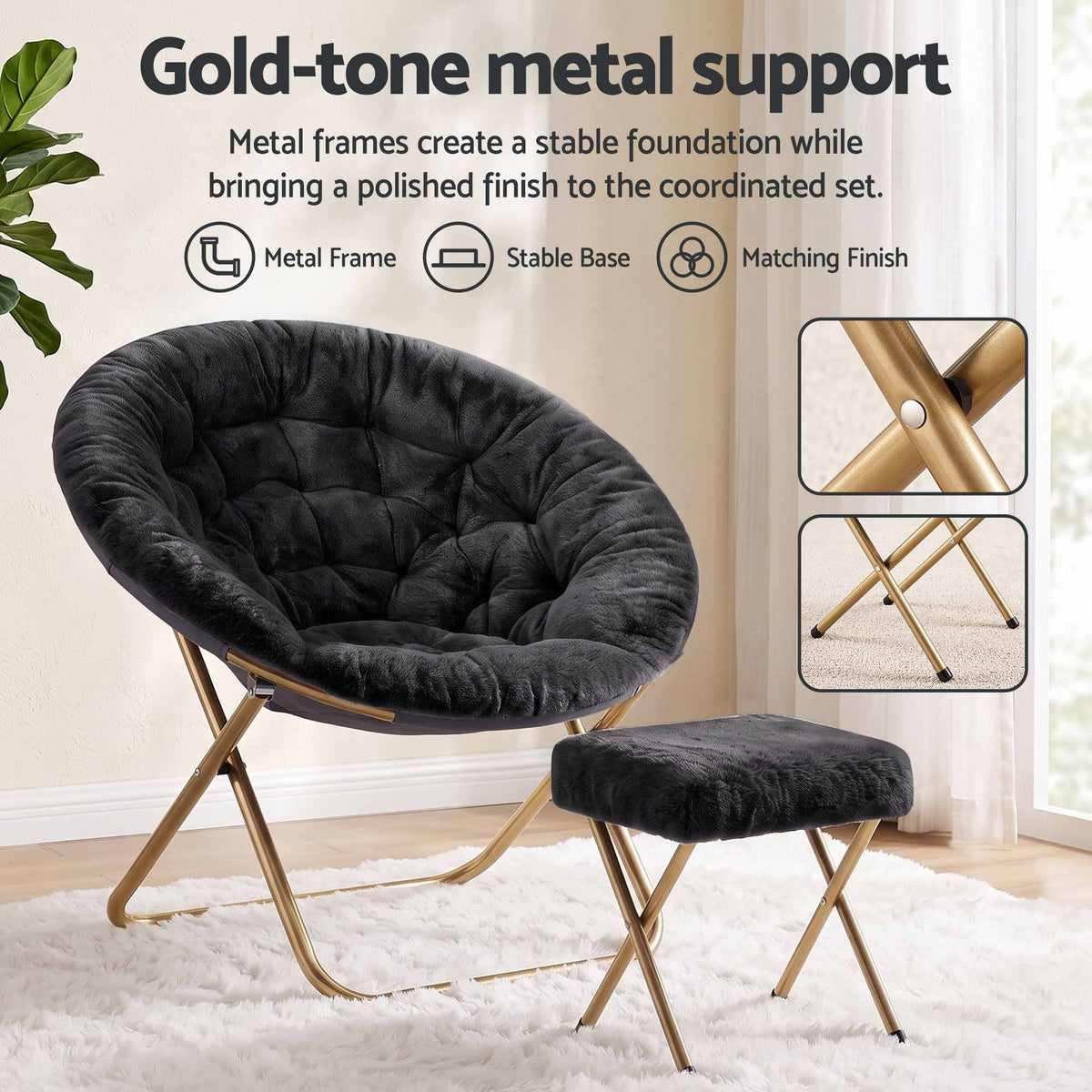 Artiss Comfy Saucer Chair Soft Faux Fur Foldable Accent Chair with Ottoman Black-Furniture > Bar Stools & Chairs > Arm Chairs & Recliners-PEROZ Accessories