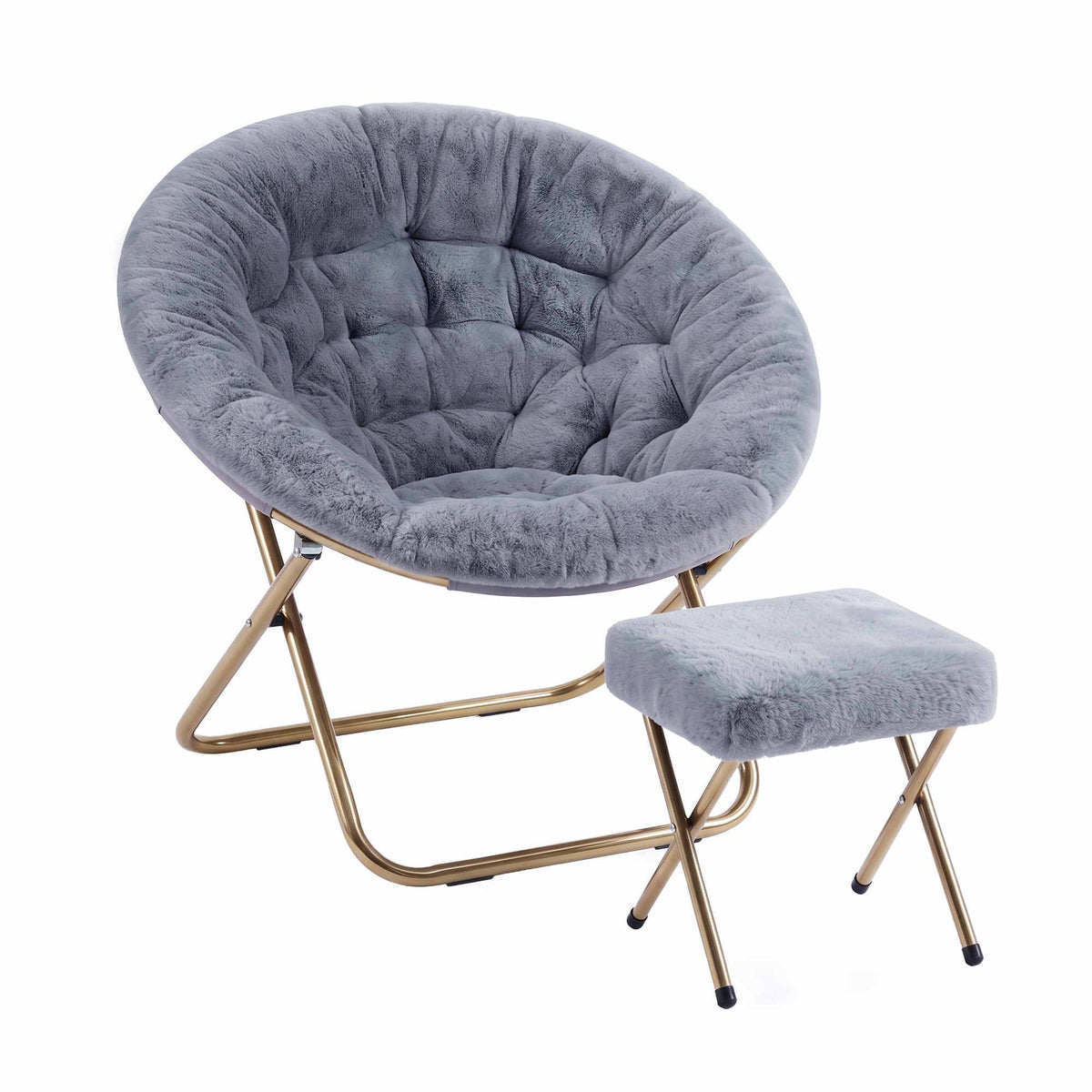 Artiss Comfy Saucer Chair Soft Faux Fur Foldable Accent Chair with Ottoman Grey-Furniture > Bar Stools & Chairs > Arm Chairs & Recliners-PEROZ Accessories