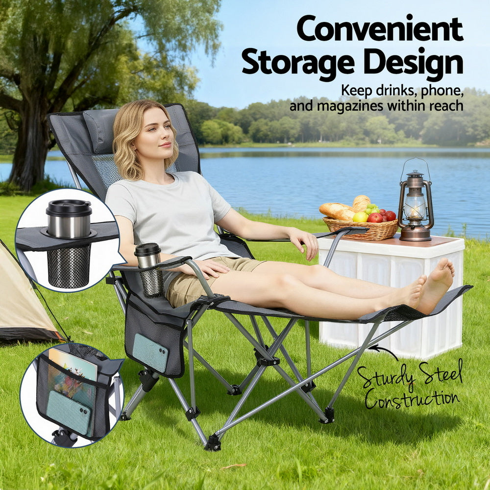 Weisshorn Camping Chair Adjustable Reclining Portable Outdoor Folding Chair Grey-Furniture > Outdoor > Outdoor Chairs-PEROZ Accessories