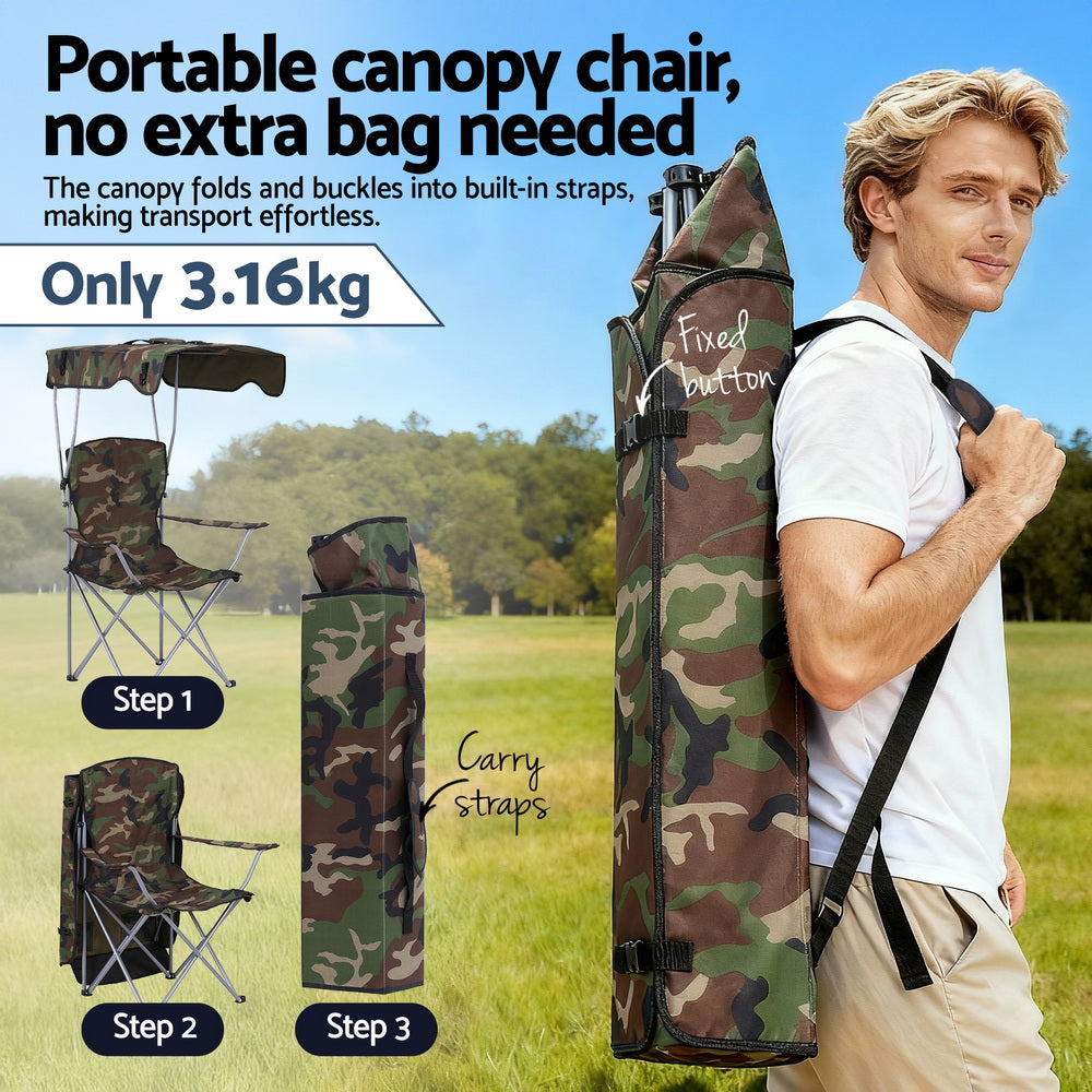 Weisshorn Camping Chair With Canopy Folding Outdoor Portable Seat Lightweight Beach Picnic Fishing Capacity 120KG Army Green-Furniture > Outdoor > Outdoor Chairs-PEROZ Accessories