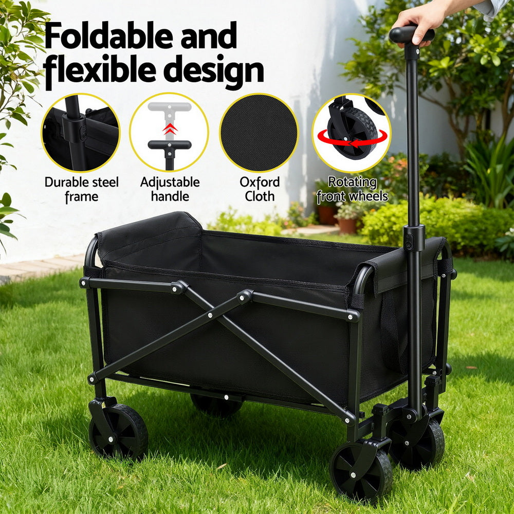 Gardeon Garden Cart Folding Trolley Camping Wagon Barrow Outdoor Beach Black-Home & Garden > Garden Tools > Spreaders & Wheelbarrows-PEROZ Accessories