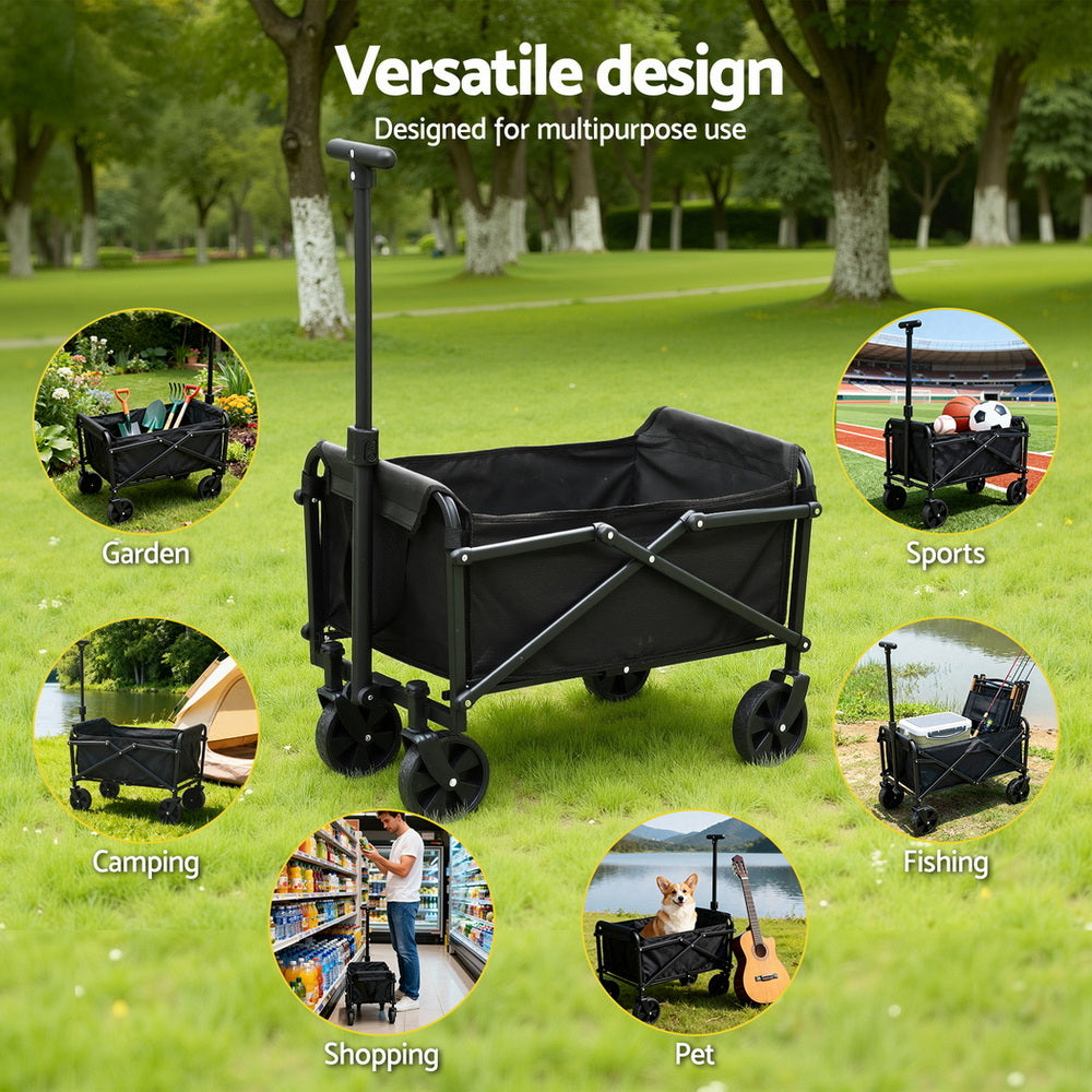 Gardeon Garden Cart Folding Trolley Camping Wagon Barrow Outdoor Beach Black-Home & Garden > Garden Tools > Spreaders & Wheelbarrows-PEROZ Accessories
