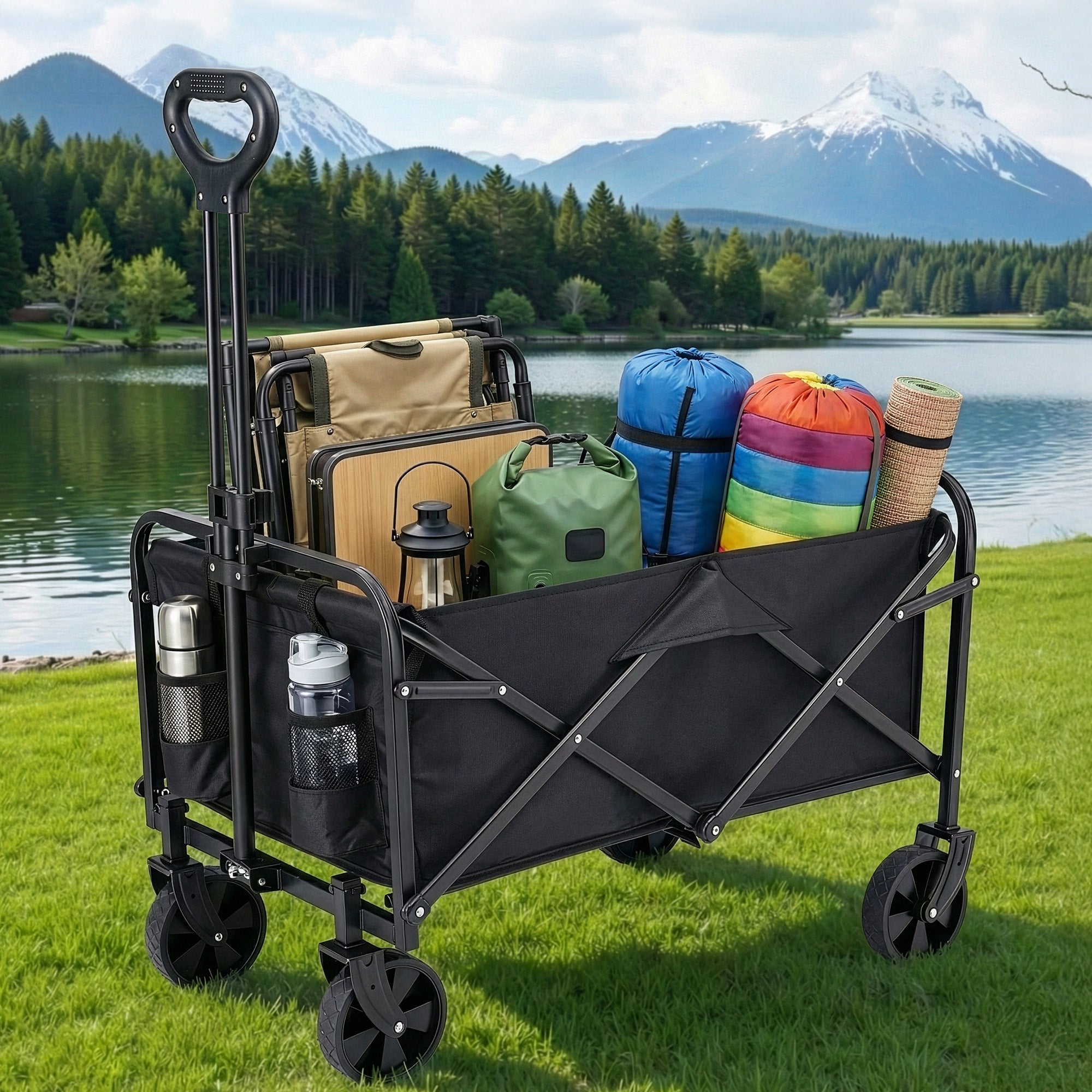 Gardeon Garden Cart Folding Trolley Camping Wagon Barrow Outdoor Beach Black-Home & Garden > Garden Tools > Spreaders & Wheelbarrows-PEROZ Accessories