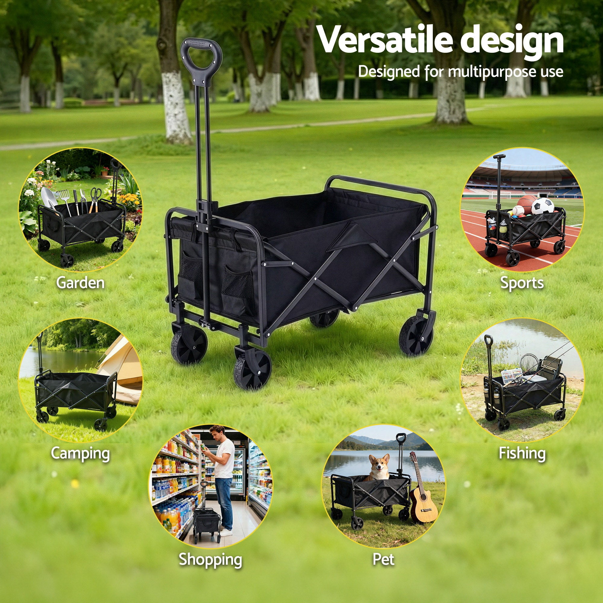 Gardeon Garden Cart Folding Trolley Camping Wagon Barrow Outdoor Beach Black-Home & Garden > Garden Tools > Spreaders & Wheelbarrows-PEROZ Accessories