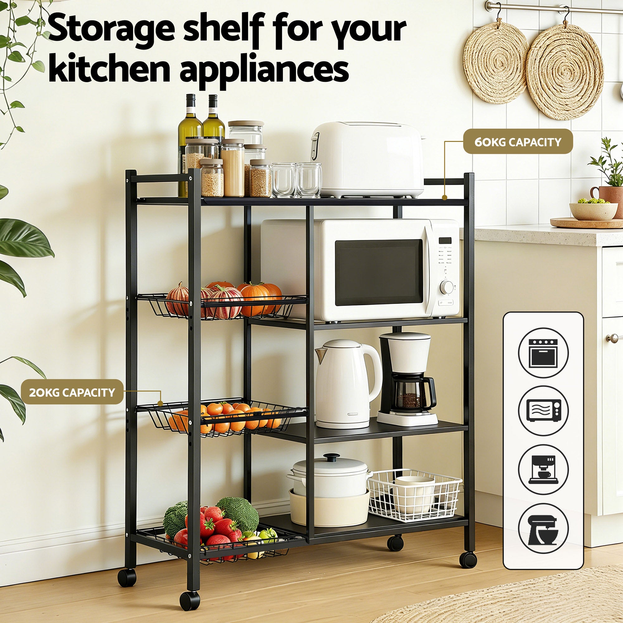 Artiss 4-Tier Kitchen Rack Microwave Bakers Storage Shelf with 3 Baskets Wheels-Appliances > Kitchen Appliances > Kitchen Appliance Accessories-PEROZ Accessories