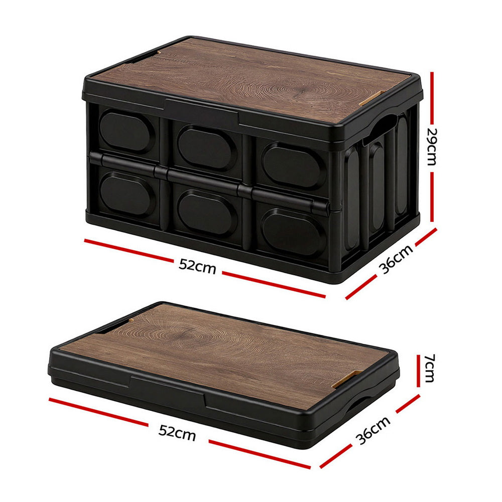 Gardeon Collapsible Outdoor Storage Box 50L Stackable Folding Camping Organizer Plywood Lid Black-Home & Garden > Storage > Storage Boxes-PEROZ Accessories