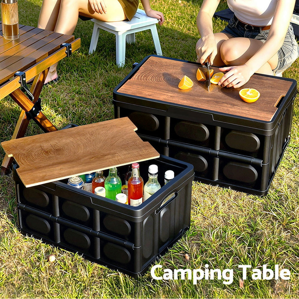 Gardeon Collapsible Outdoor Storage Box 50L Stackable Folding Camping Organizer Plywood Lid Black-Home & Garden > Storage > Storage Boxes-PEROZ Accessories