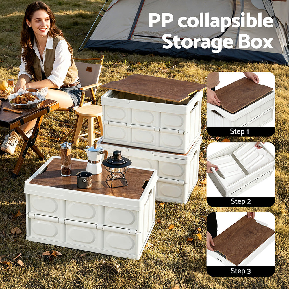 Gardeon Collapsible Outdoor Storage Box 50L Stackable Folding Camping Organizer Plywood Lid Beige-Home & Garden > Storage > Storage Boxes-PEROZ Accessories
