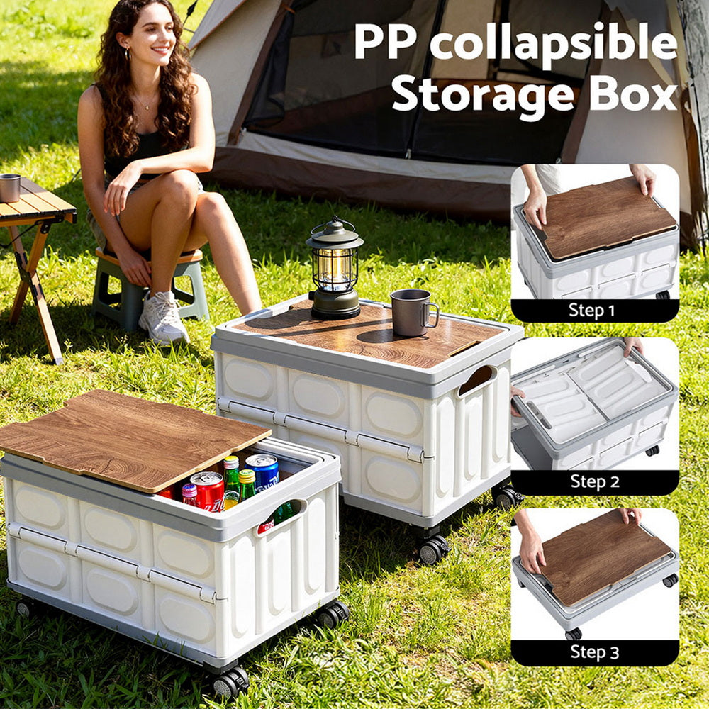 Gardeon Collapsible Outdoor Storage Box 54L Stackable Folding Camping Organizer Wheels Plywood Lid Beige-Home & Garden > Storage > Storage Boxes-PEROZ Accessories